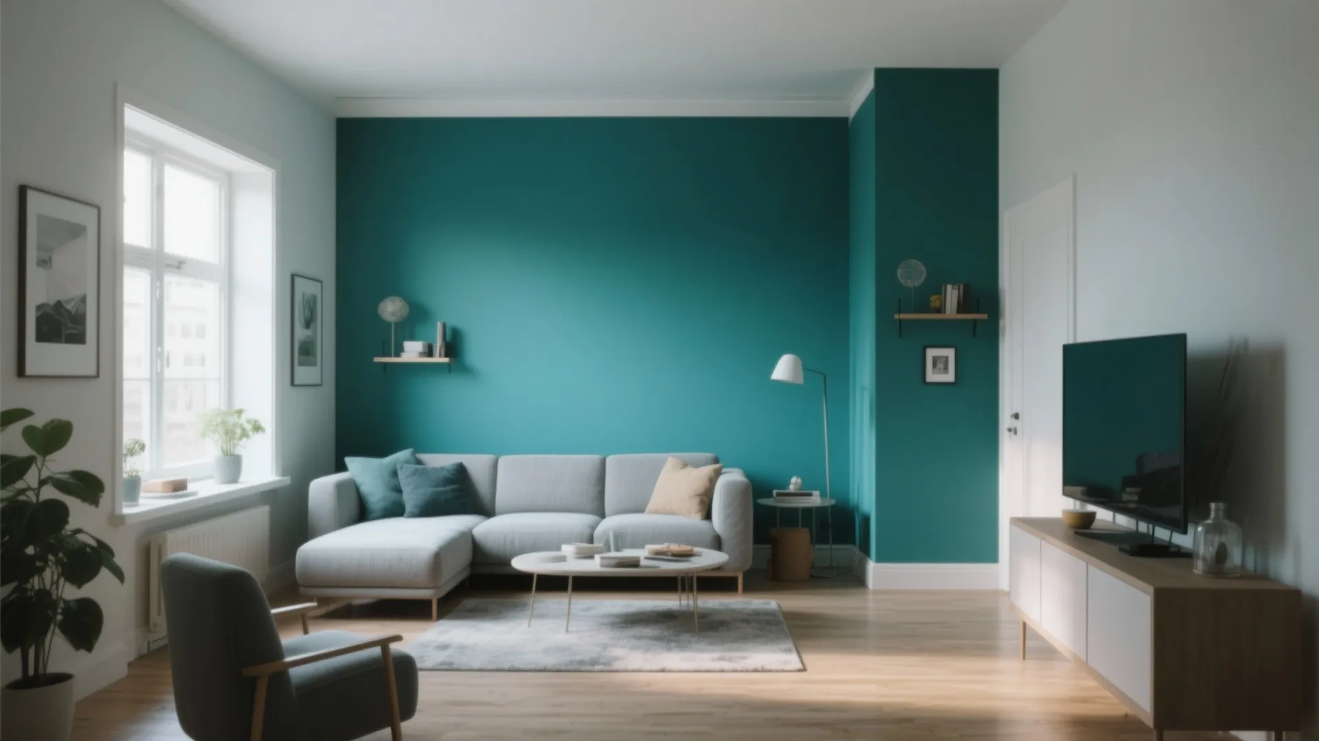Spacious living room featuring a deep teal accent wall grey sofa wooden floor and natural light