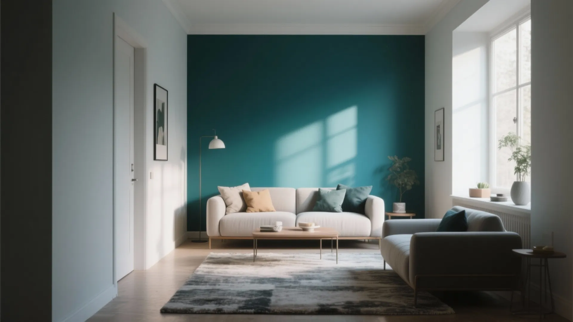 Minimalist living room with deep teal accent wall white sofa area rug and natural sunlight