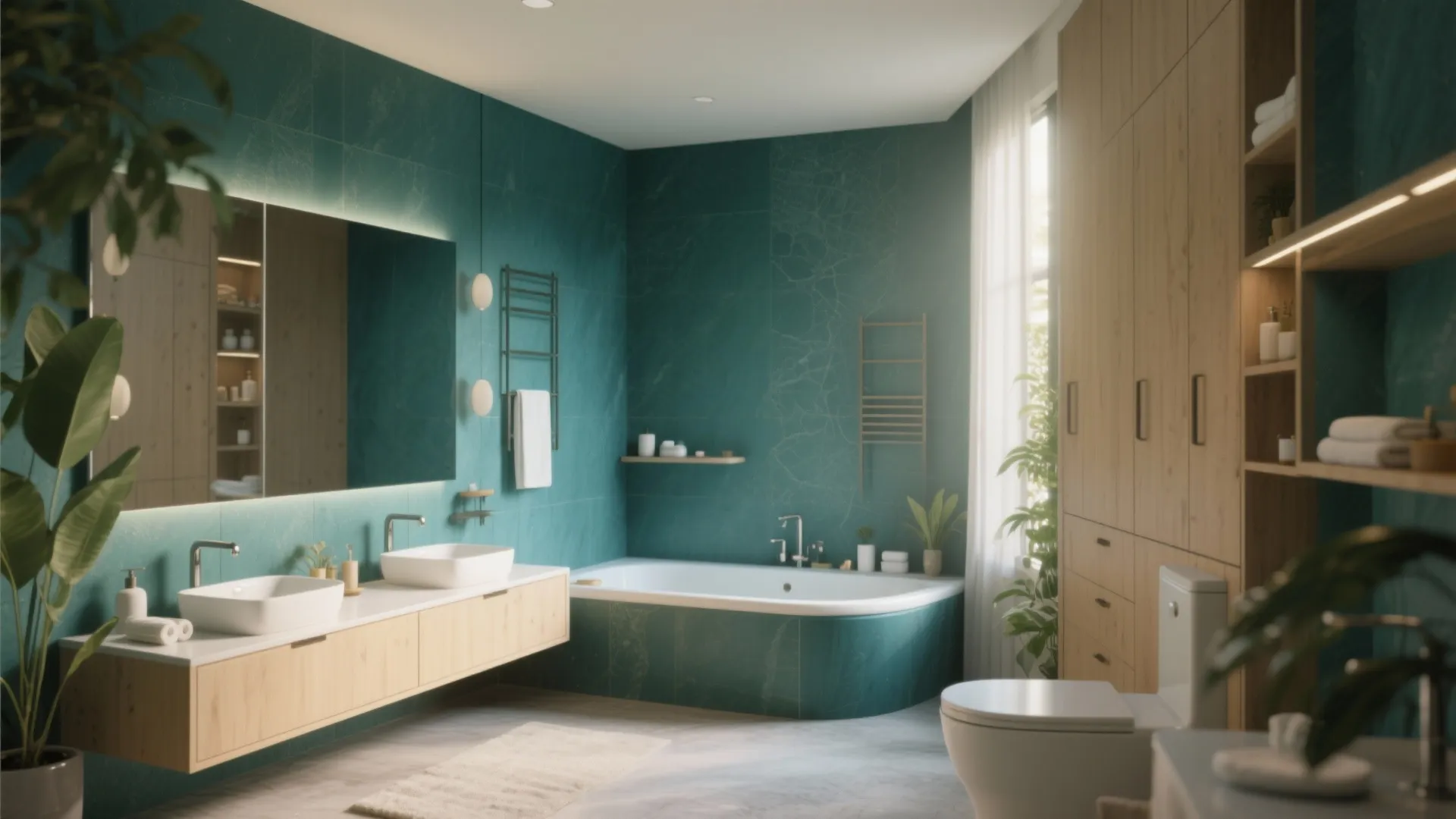 Deep teal bathroom with pale wood cabinets