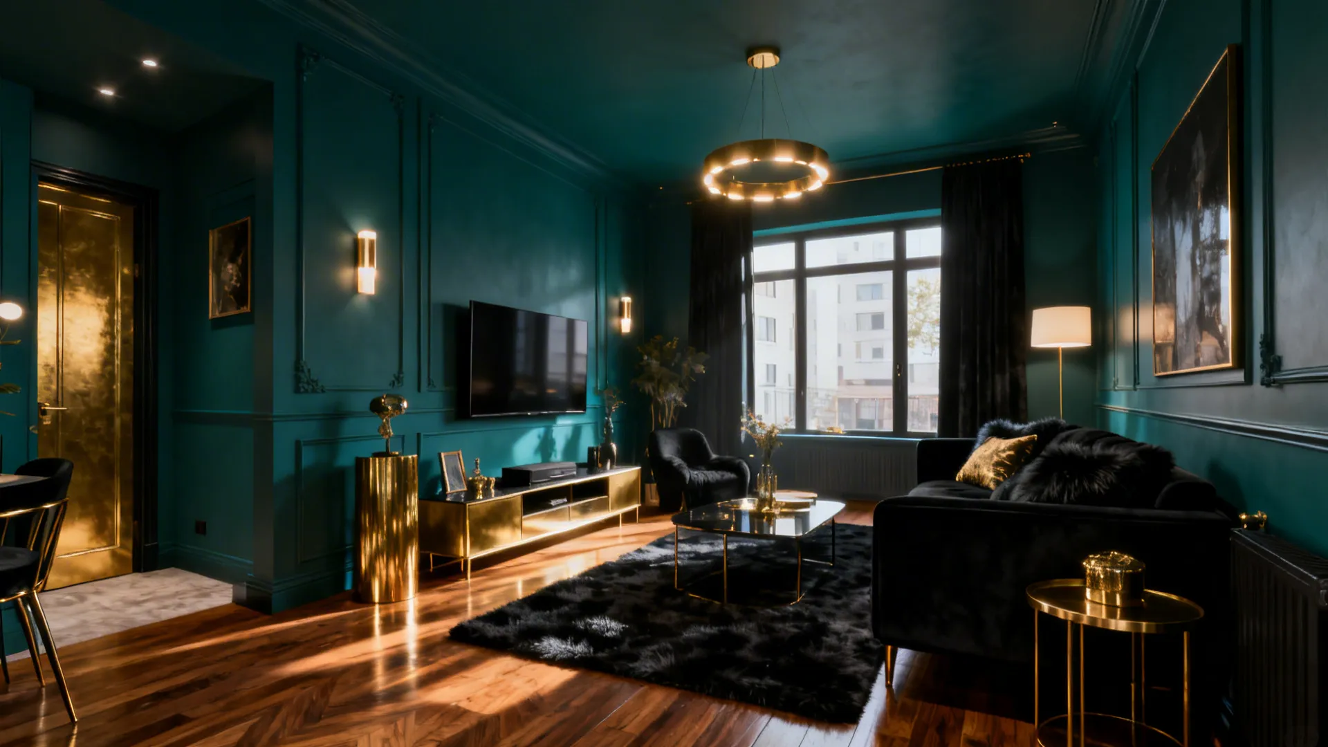 Cozy living room with deep teal walls, black furniture, warm wood floors and gold accents