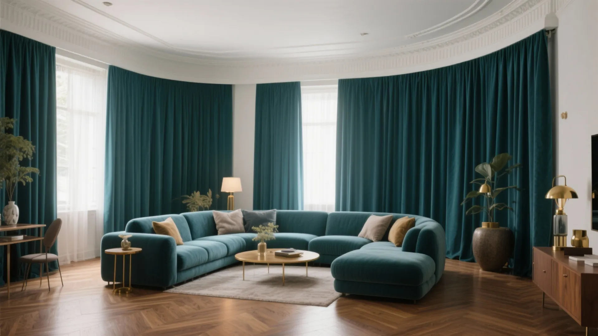 Curved teal sofa in modern living room with matching curtains and a round wooden table