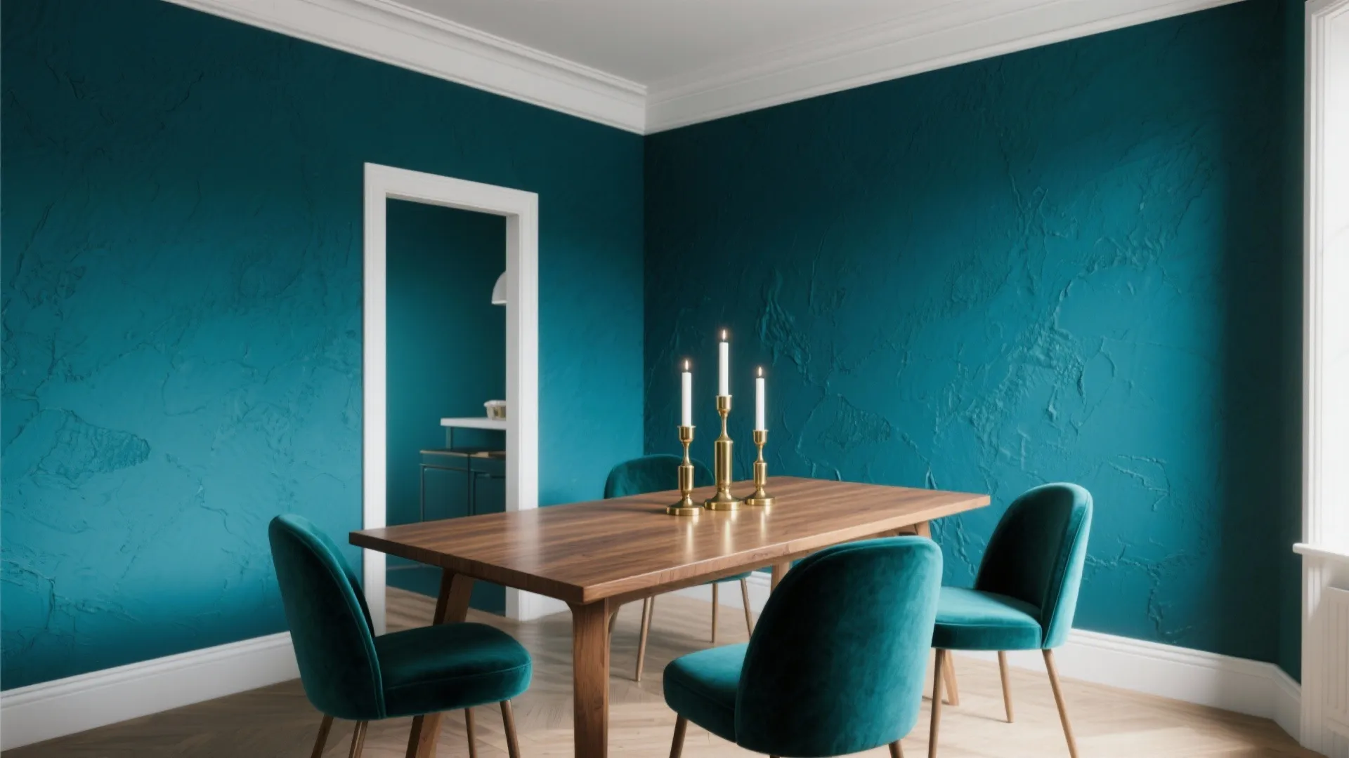 Dining room with teal textured walls wooden table four velvet chairs and gold candle holders