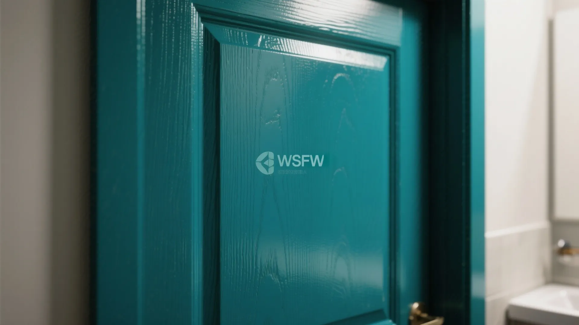Close up of teal wooden door with textured panel design in a bright modern bathroom