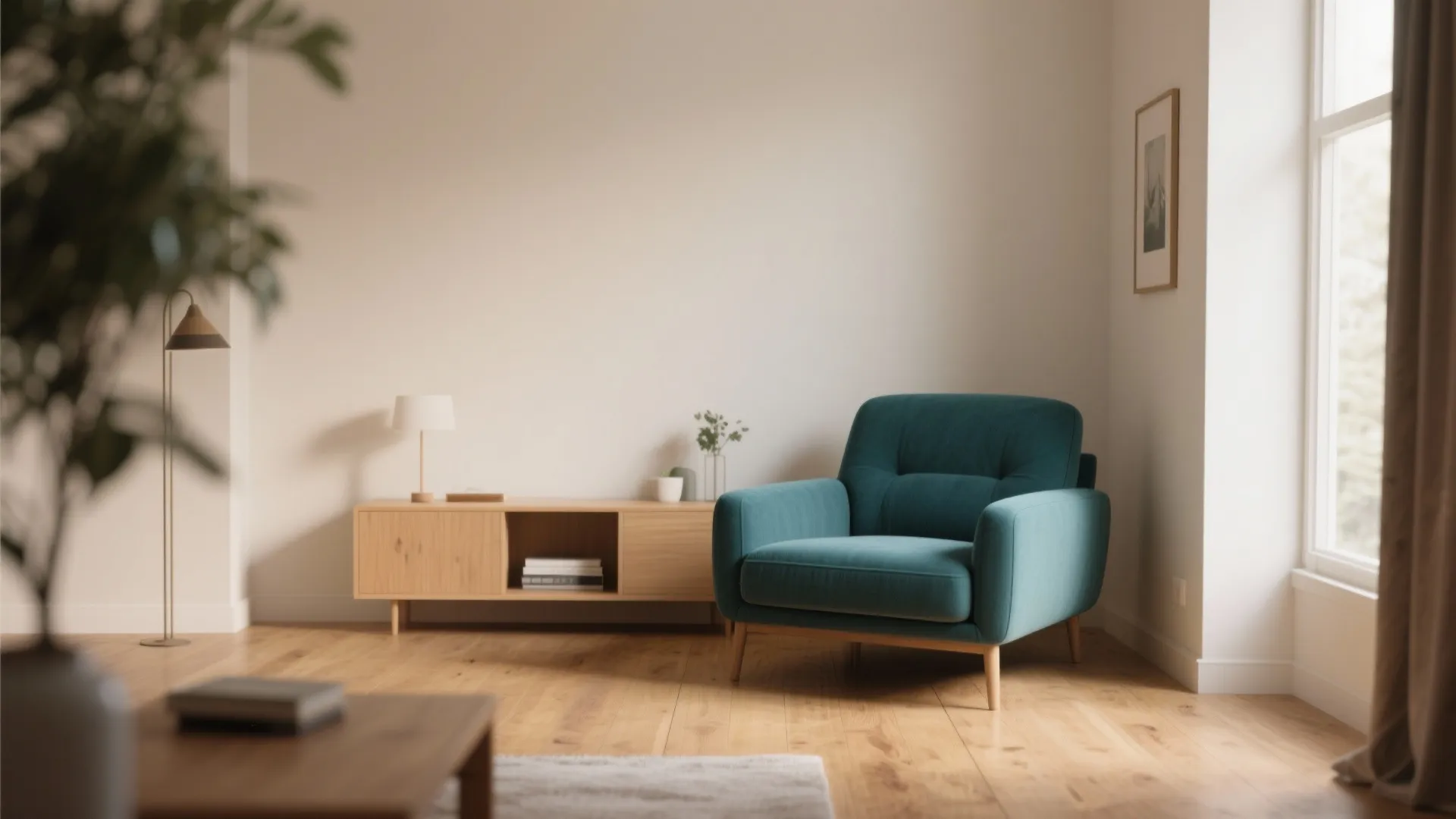 Minimalist living room with deep teal armchair focal point