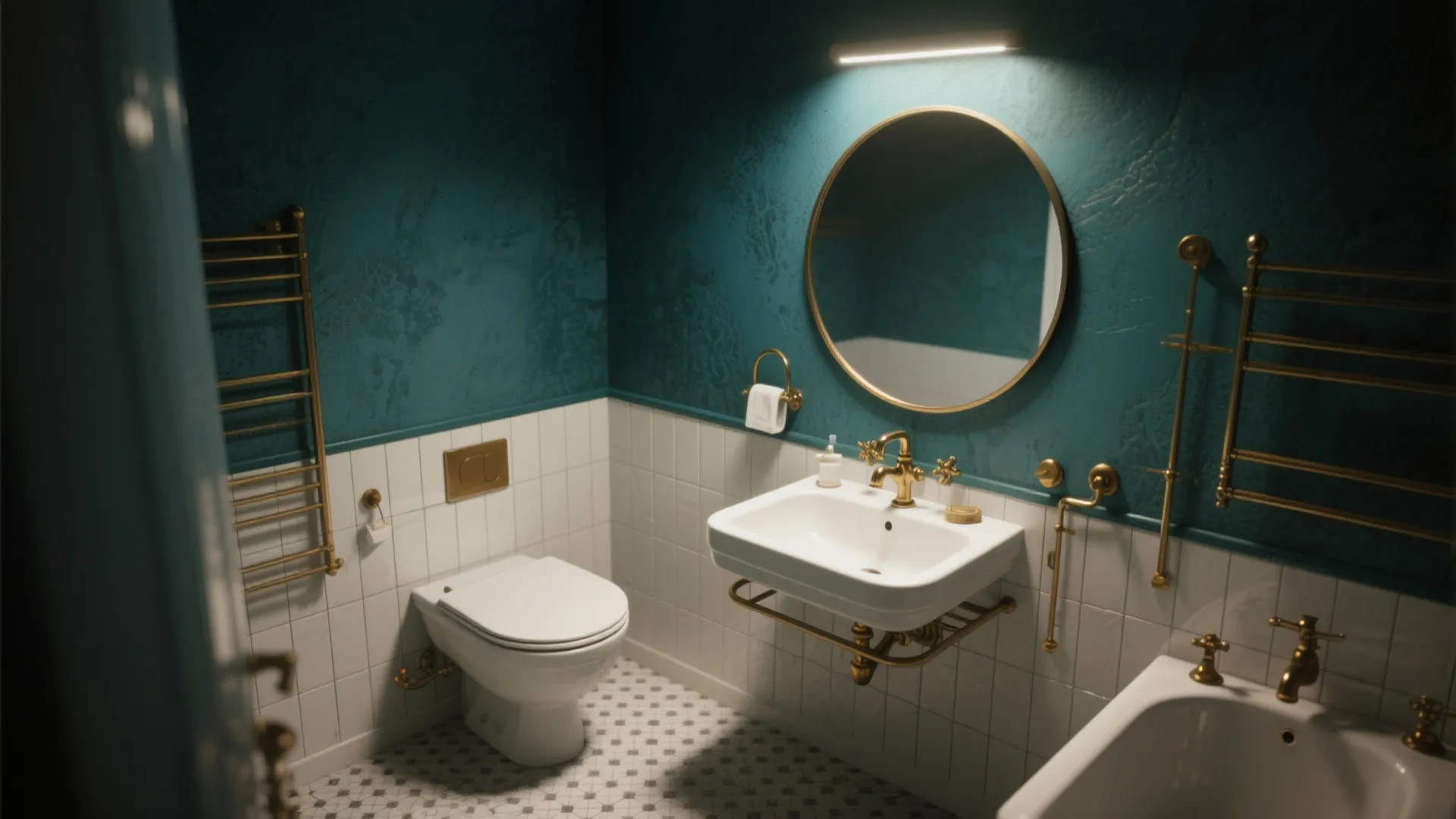 Vintage bathroom with teal textured walls white wall panels round gold mirror and white ceramic sink