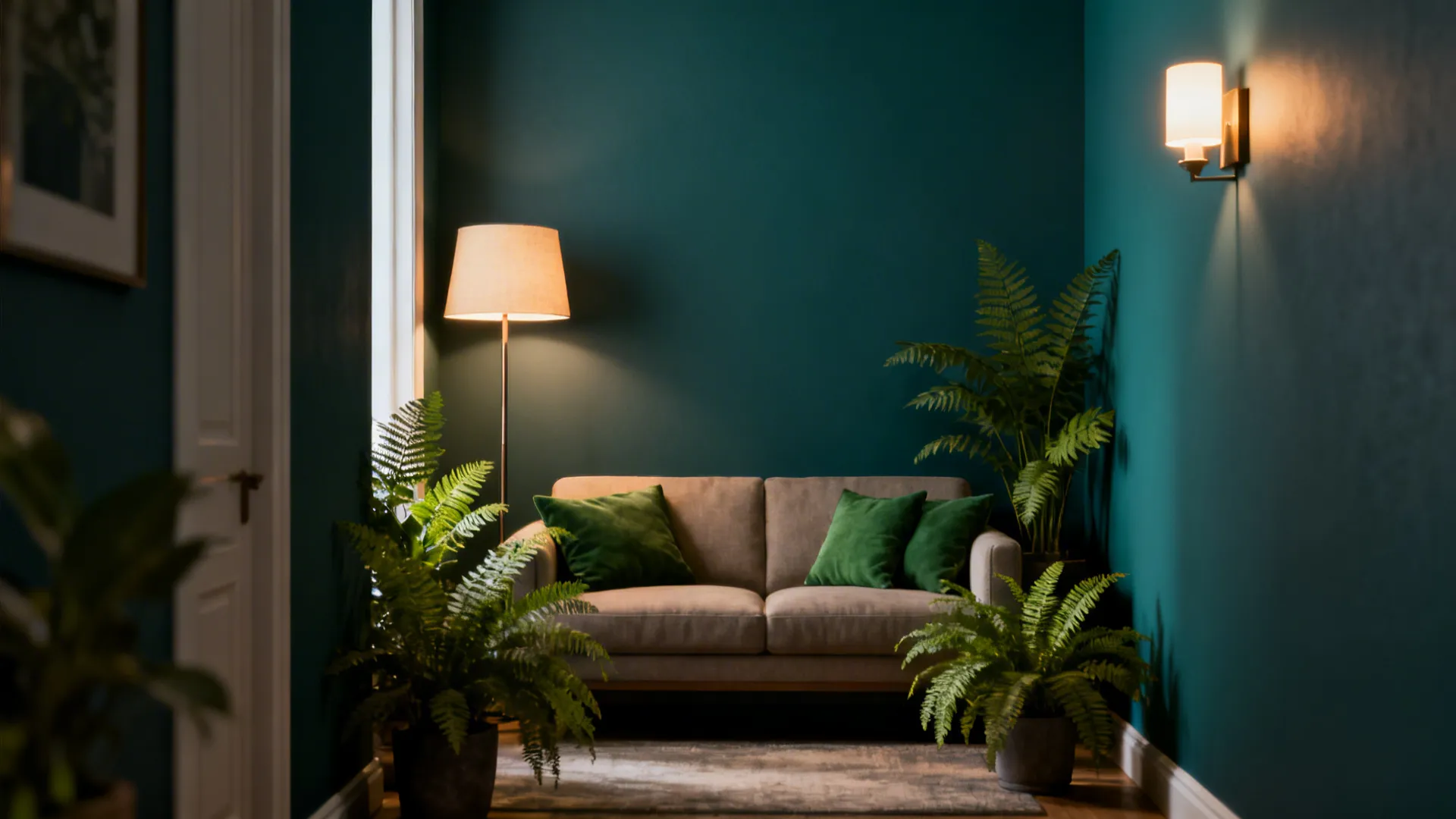 Narrow living room with a deep-teal accent wall, fern-green cushions and layered lighting