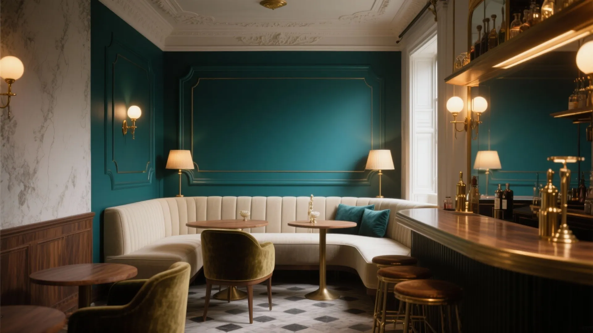 Teal lounge room with curved white sofa wooden tables green chairs wall lights and bar