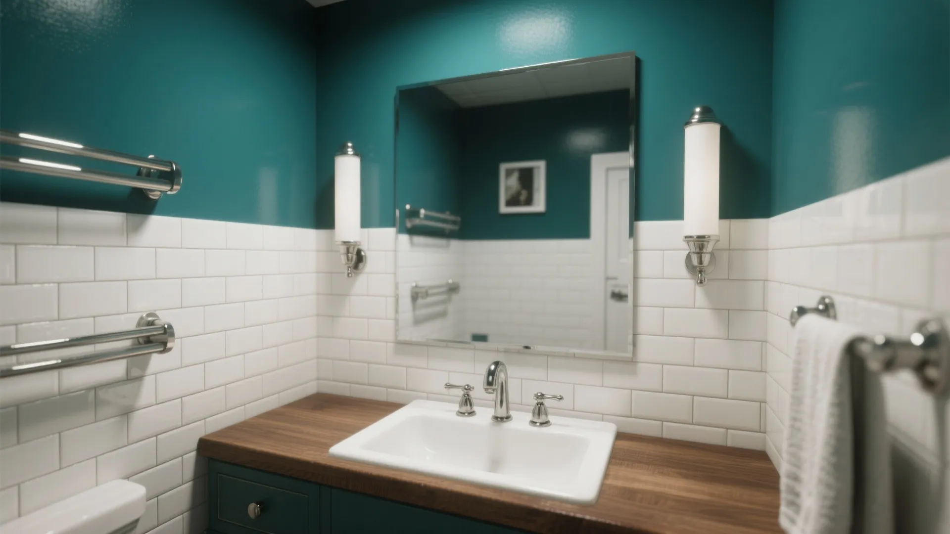 Small bathroom vanity in deep teal with white tiles and reflective chrome fixtures.