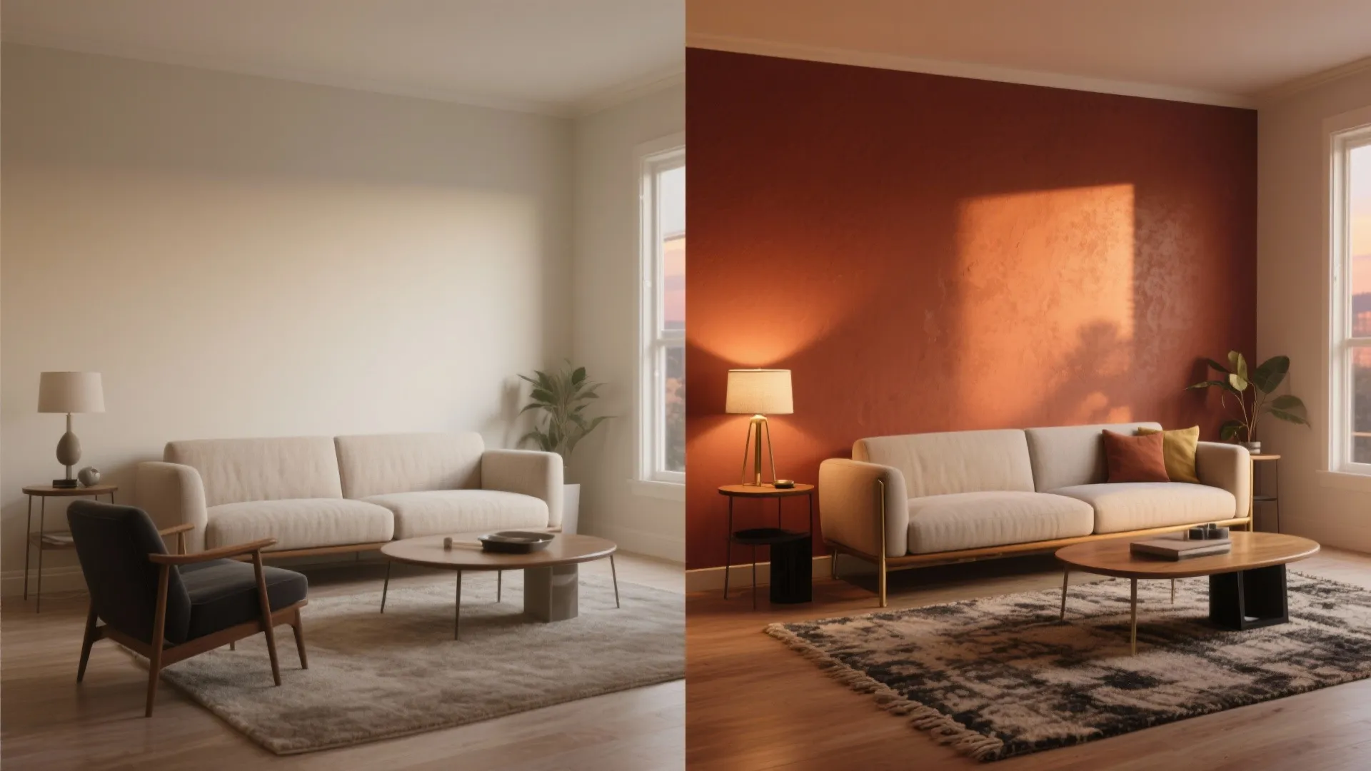 Before and after comparison of white living room versus warm terracotta wall with cream sofa