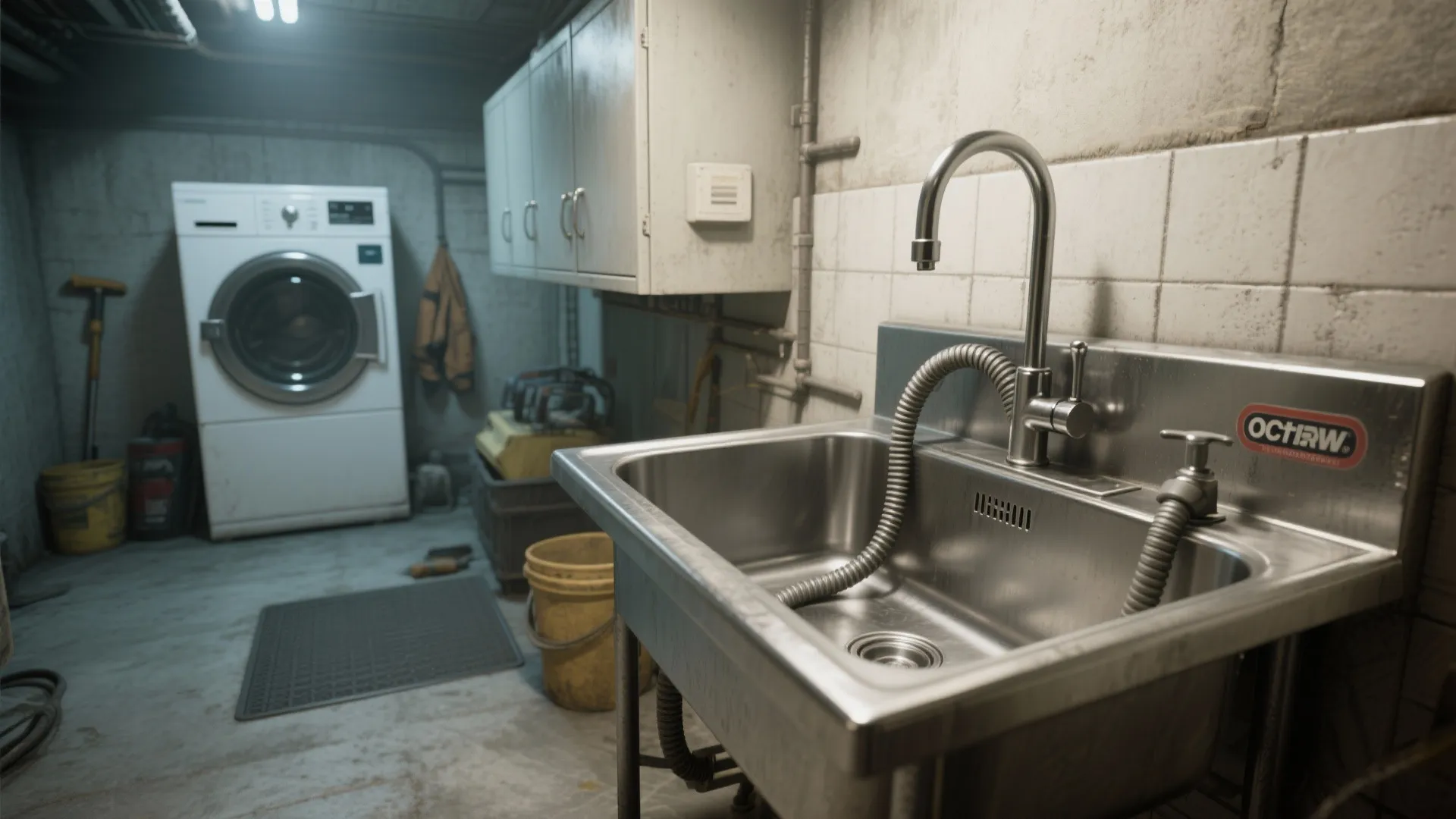 Stainless steel utility sink with tall faucet in a basement room with a washing machine