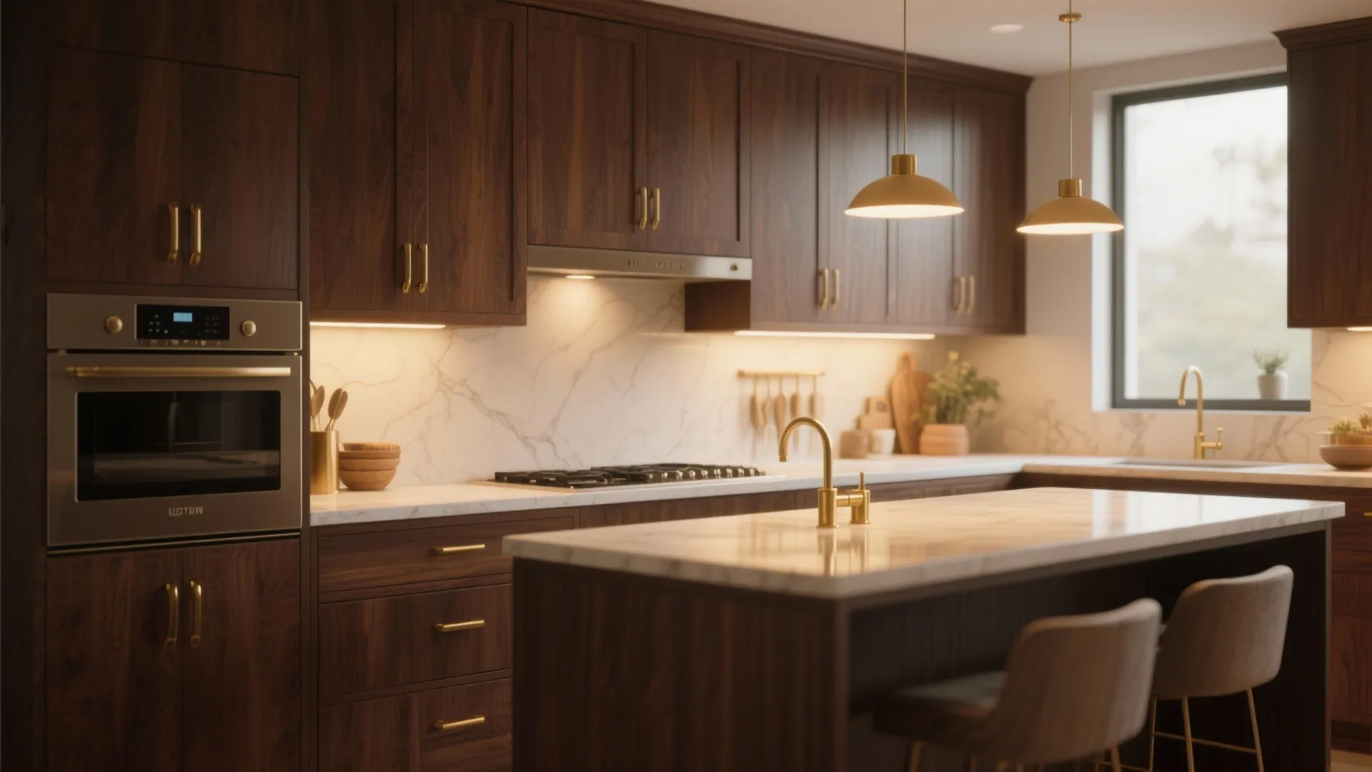Dark wood kitchen cabinets with gold handles white marble backsplash and two hanging gold ceiling lights