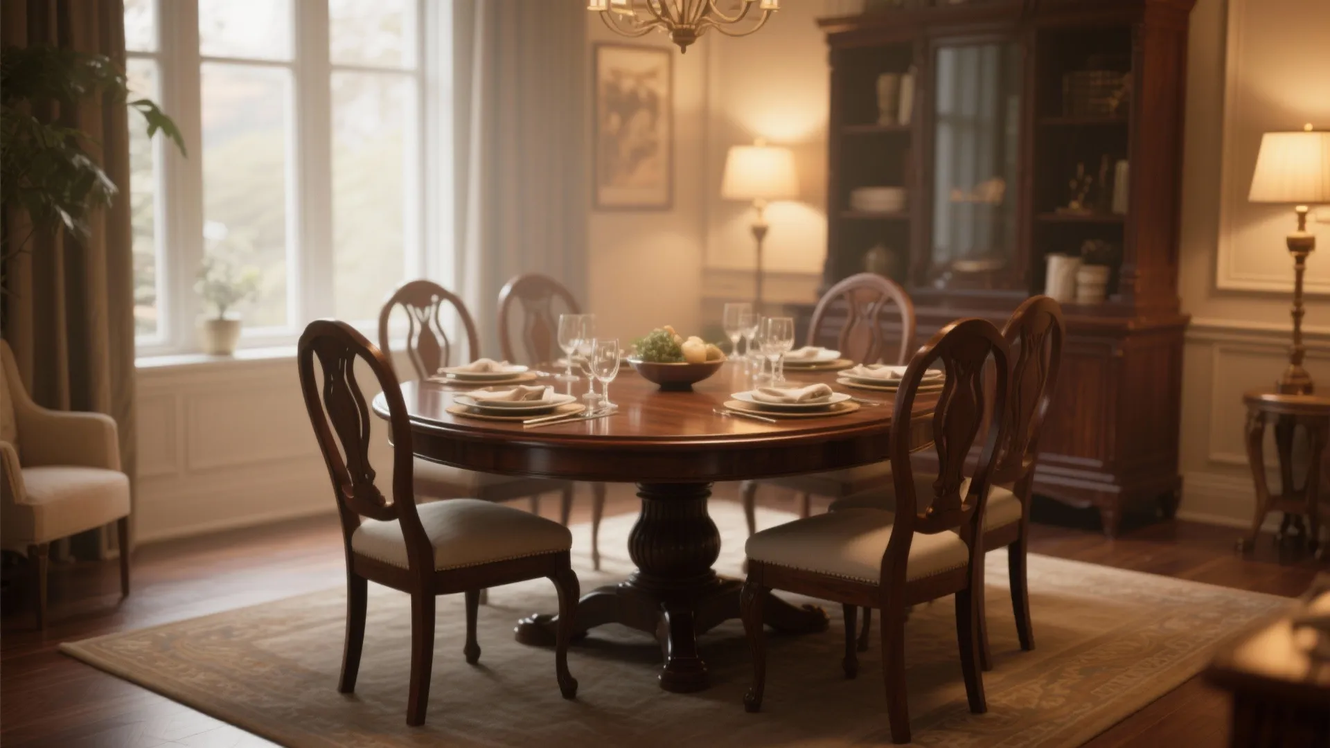 Classic round wood dining table with elegant chairs cabinet ceiling light and large windows view