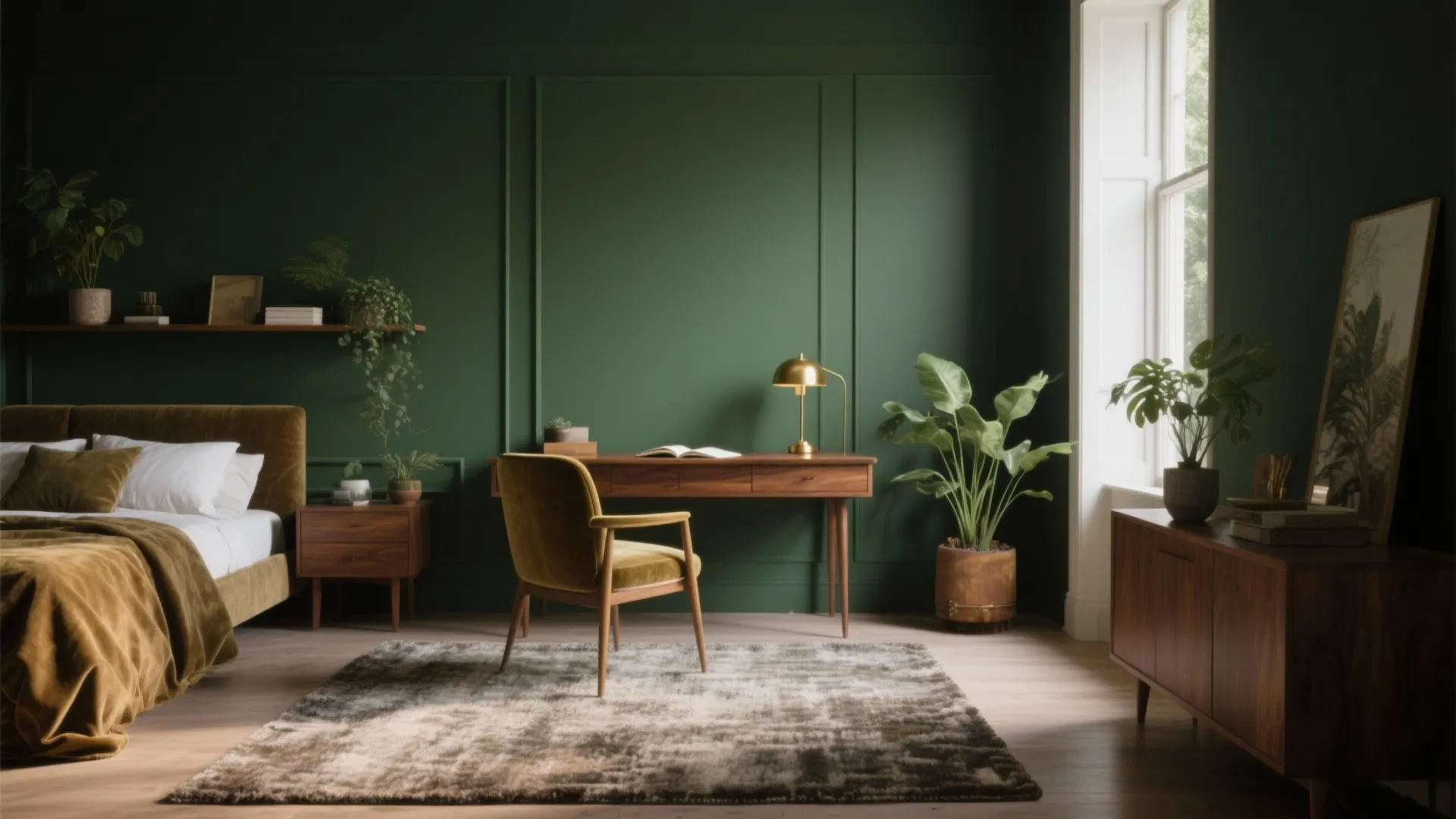 Cozy bedroom with deep warm green walls, brass lamp, wooden desk and layered textiles.