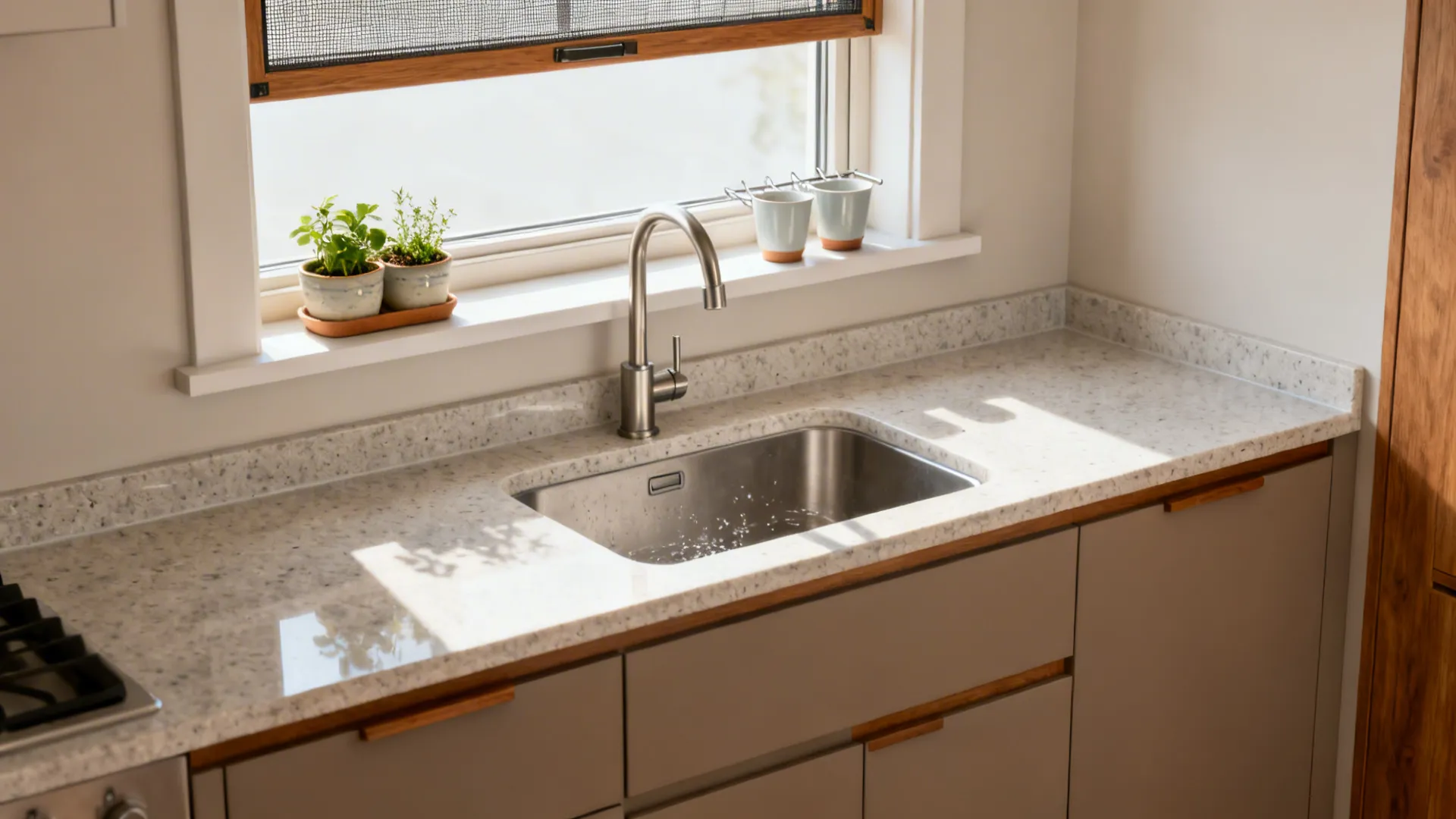 Deep quartz window sill with herbs and drying cups above a small kitchen sink.