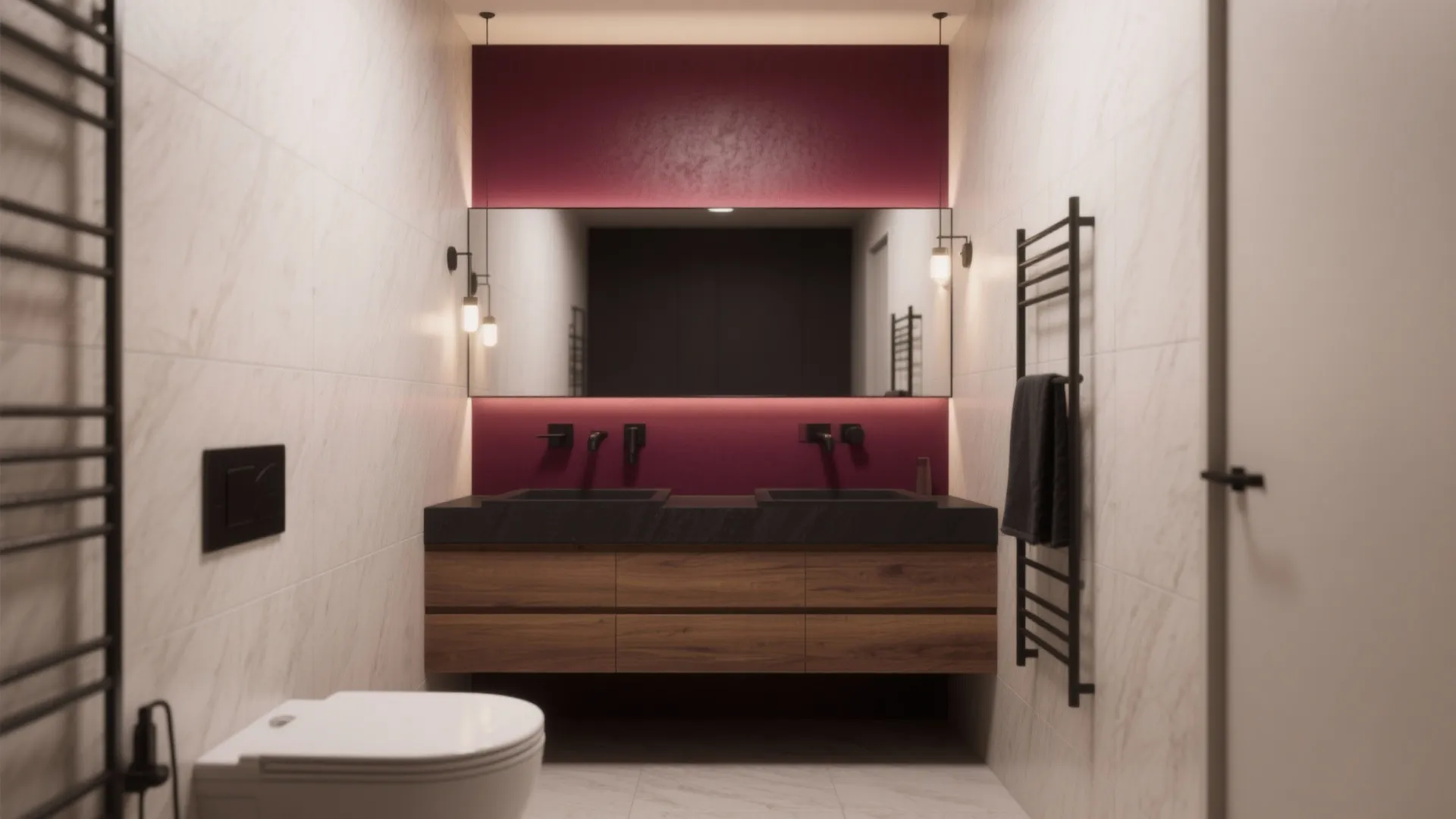 Modern bathroom with dark red accent wall wooden cabinet black double sinks and large wall mirror