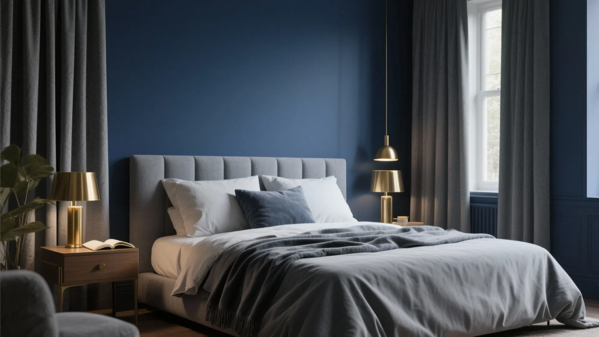 Deep Blue + Soft Gray + Brass (A Restful, Layered Bedroom)