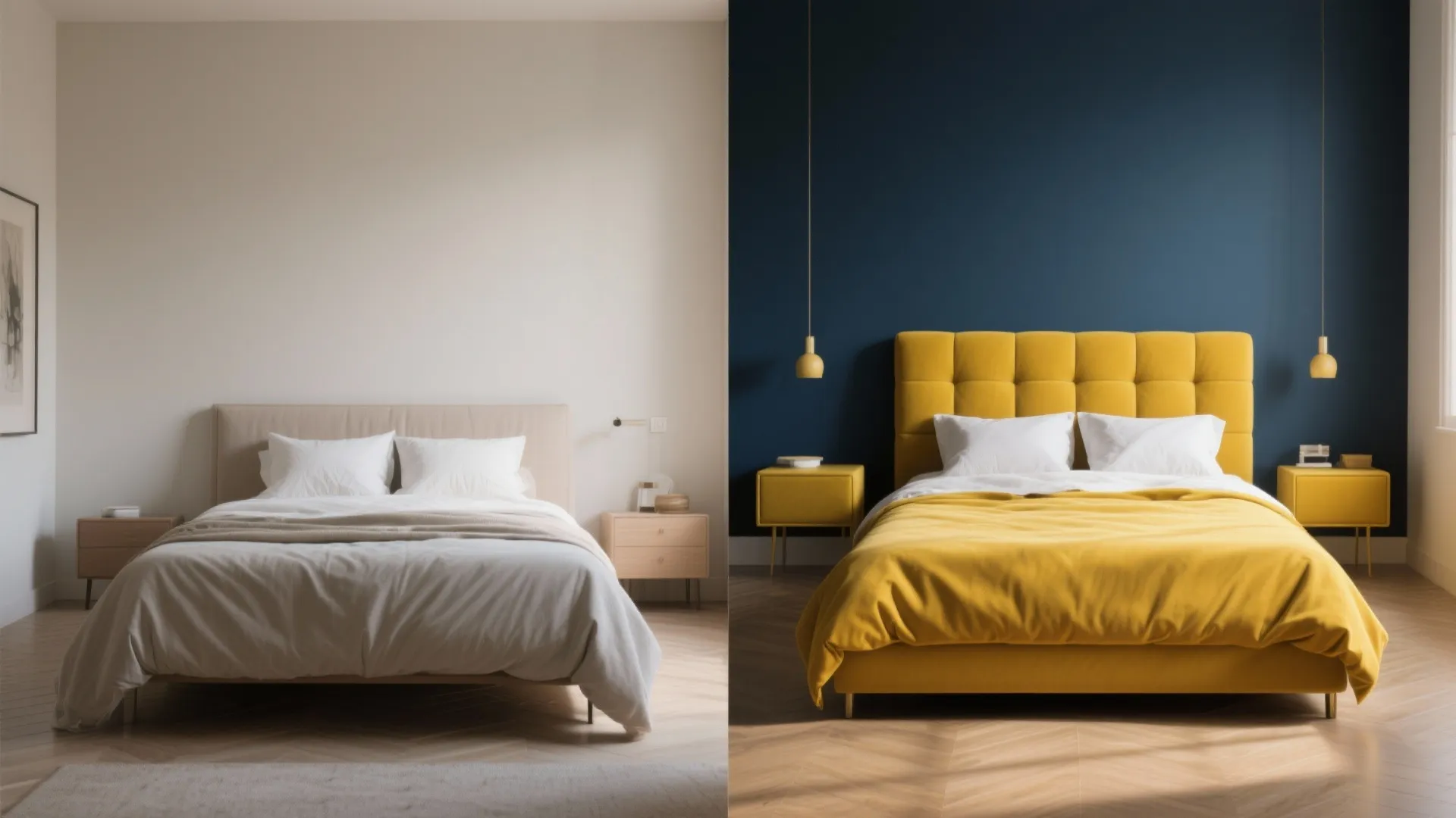 5. Dramatic Contrast: Deep Blue Walls with Bright Yellow Statement Bed