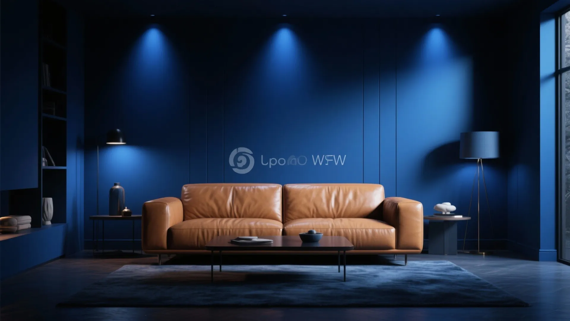 Tan leather sofa placed against a dark blue wall with coffee table and modern lighting