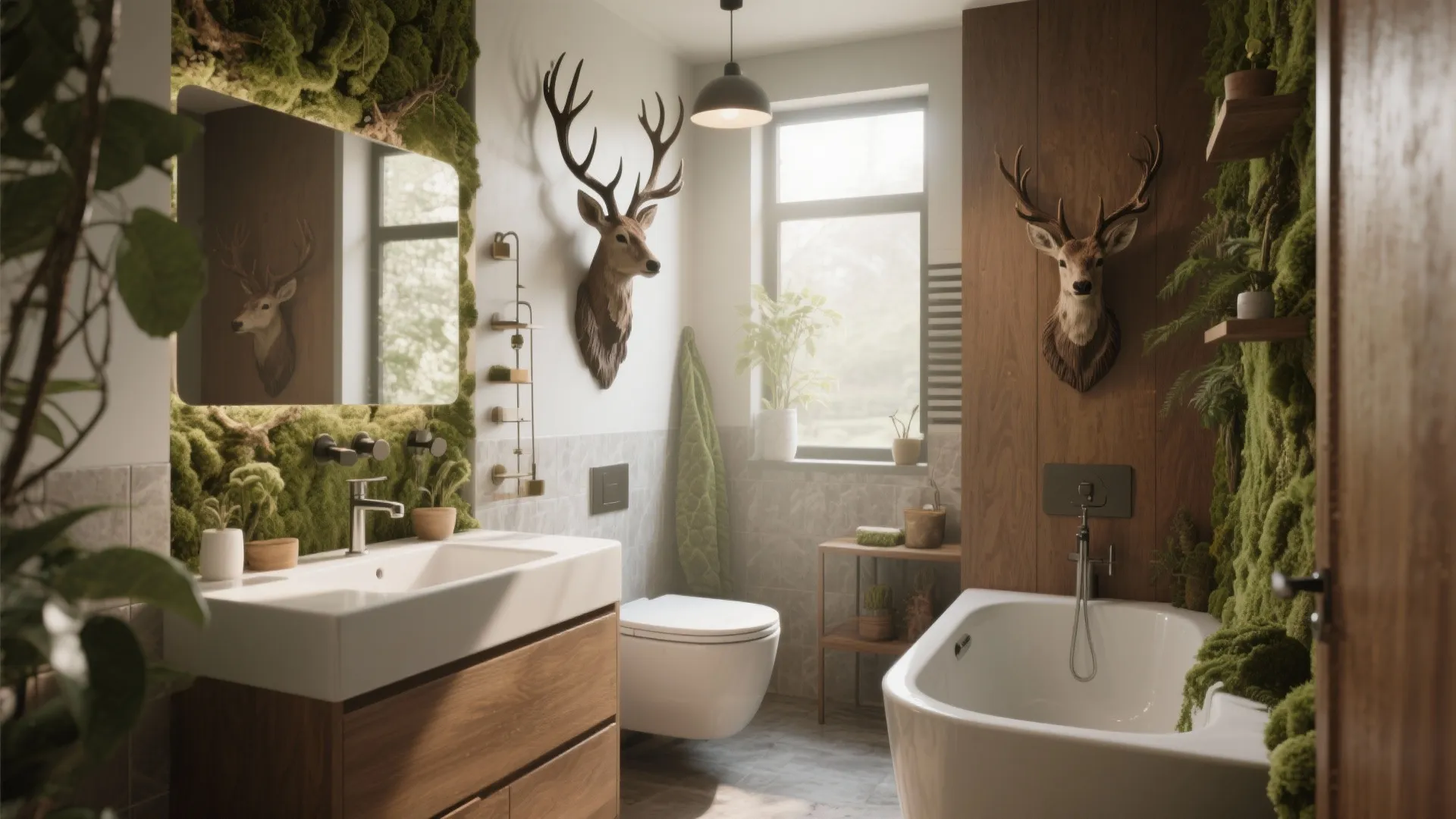 Modern bathroom with green moss walls deer head wall decor white bathtub wooden sink cabinet