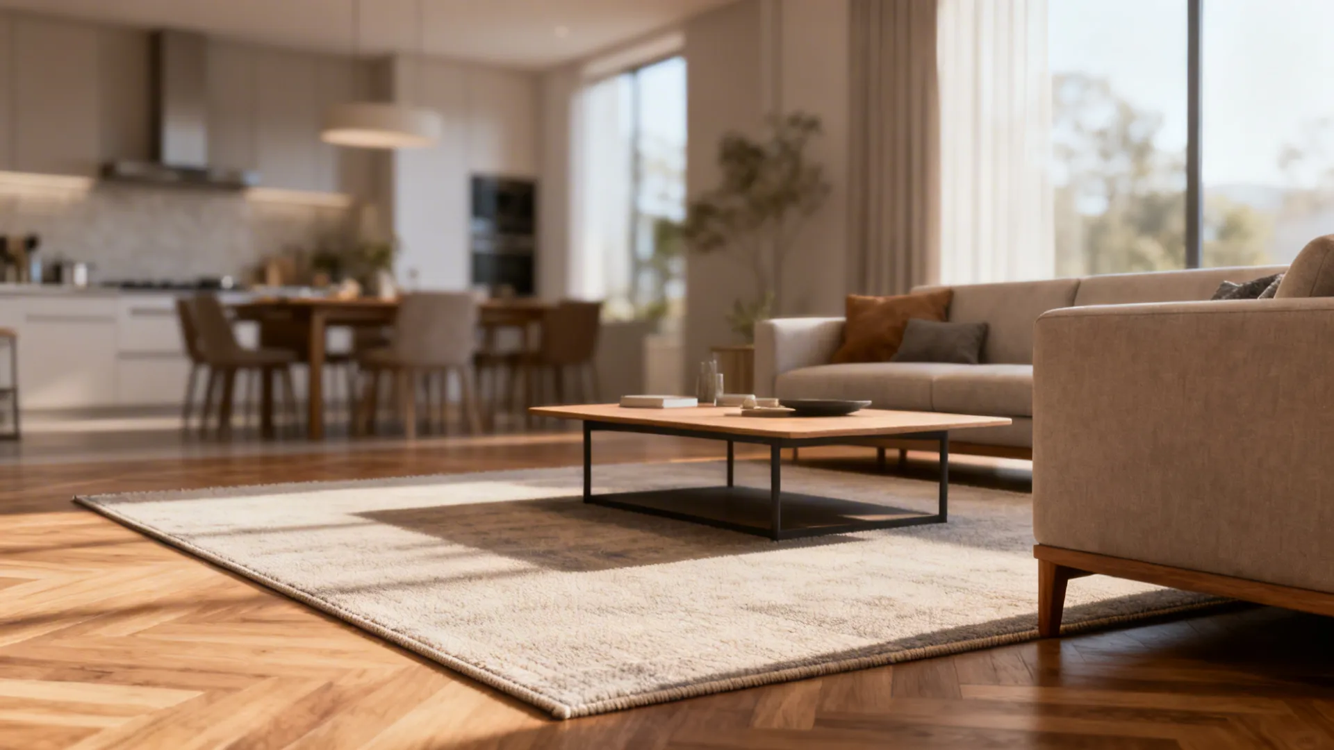 Open-plan living area with a 12x14 rug anchoring seating and coffee table