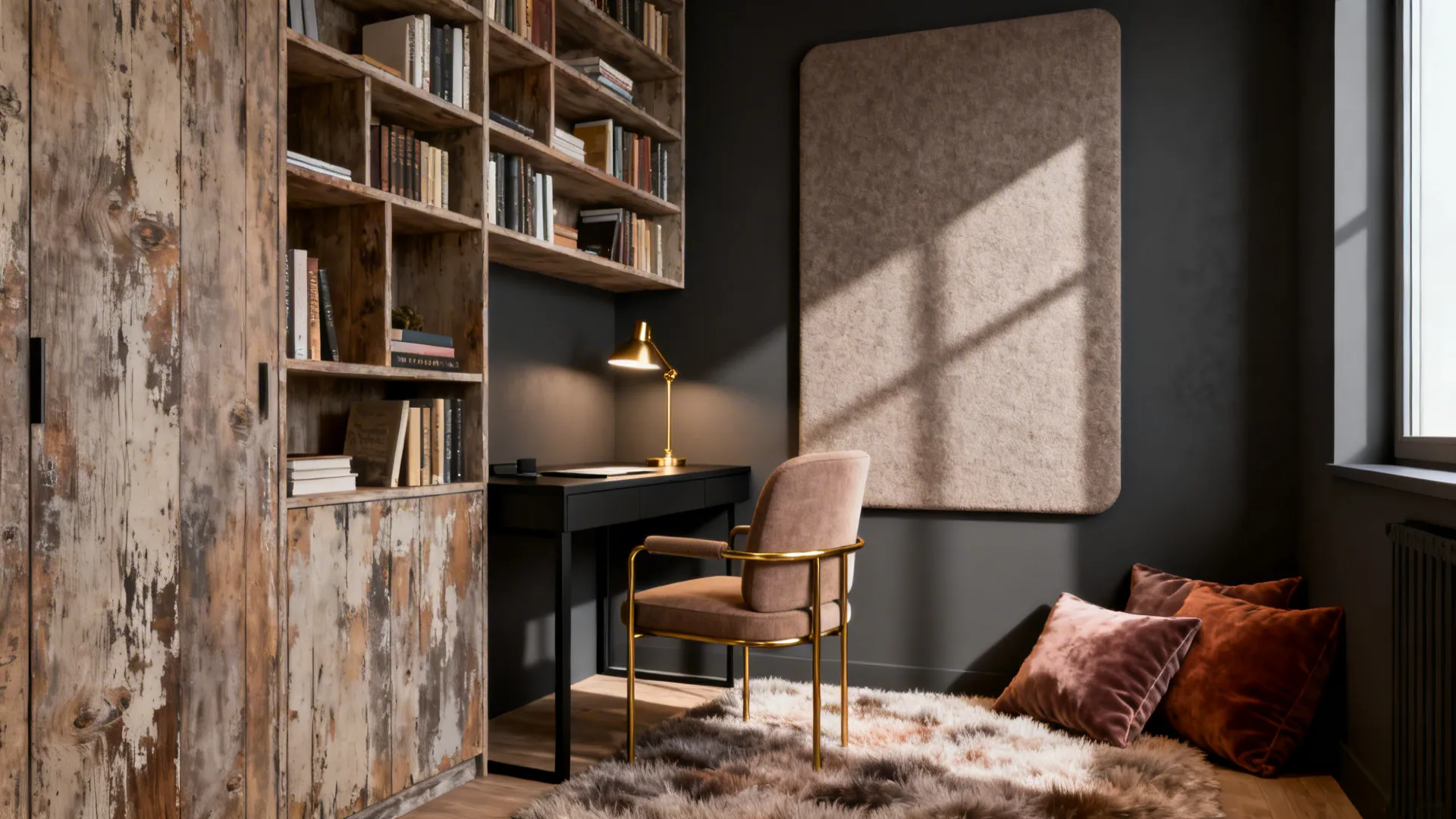 Cozy den with built-in bookshelves, desk, and reading lamp illustrating a defined purpose.