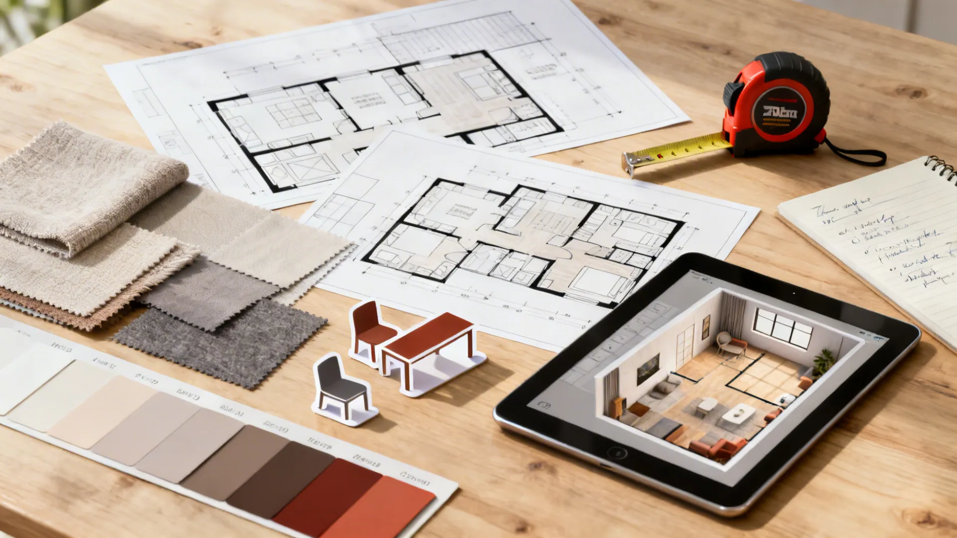 Flatlay of floor plans, color swatches, tape measure and a tablet showing a 3D floor planner for defining room purpose.