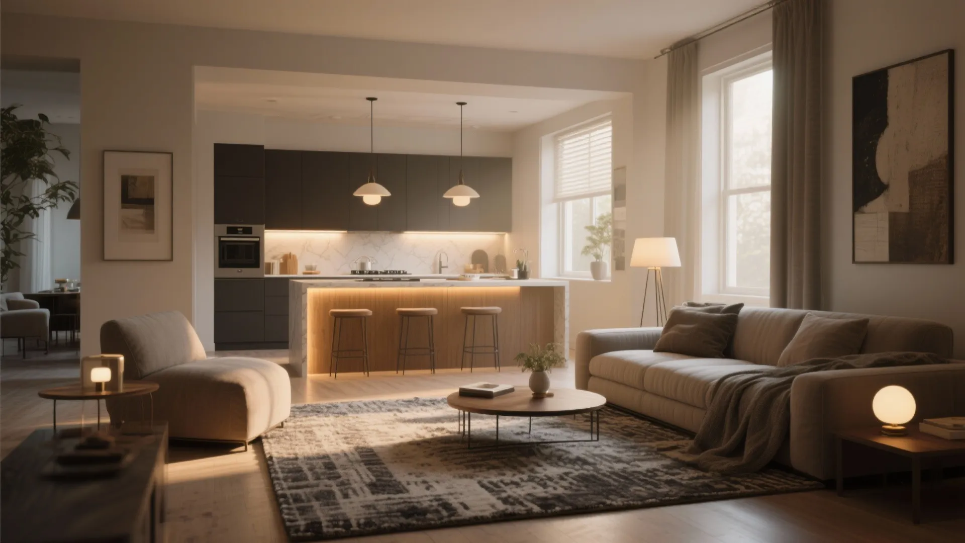 1. Define zones with rugs and lighting