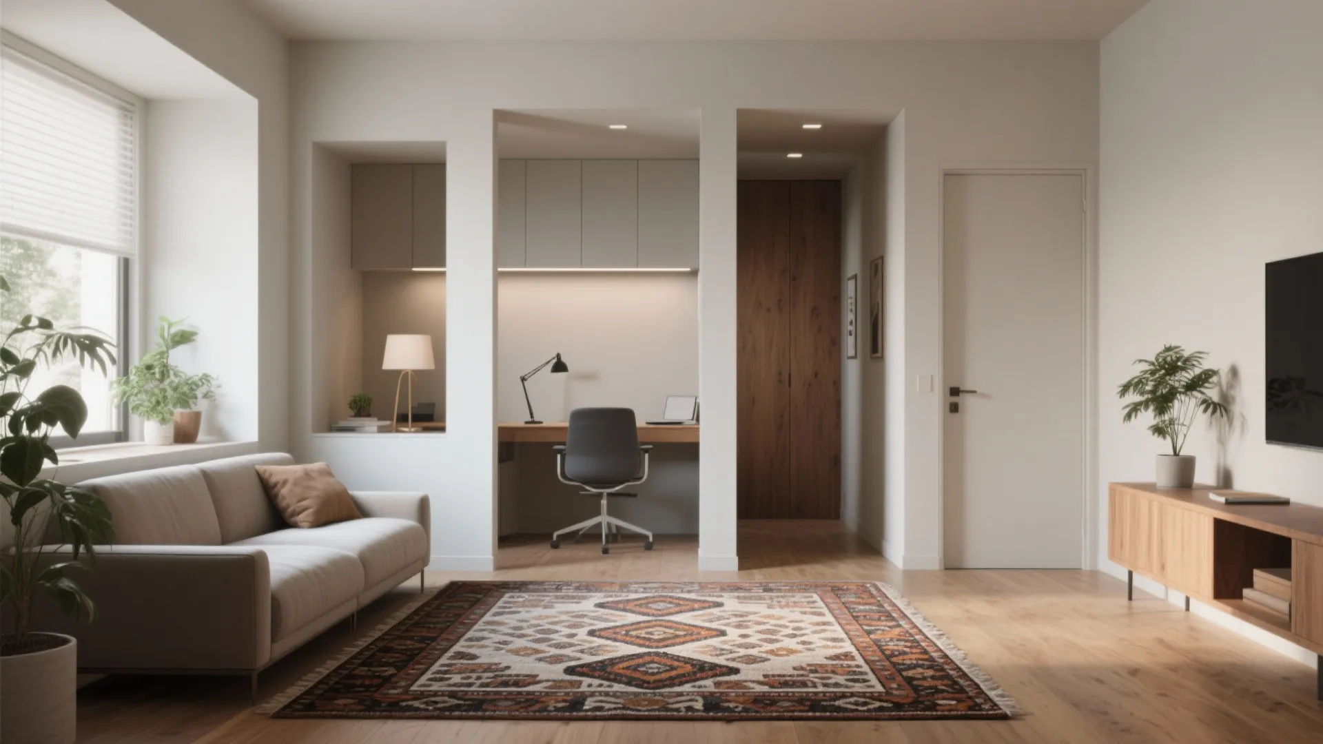 Modern living room with white sofa patterned rug desk station wooden cabinet and indoor plants