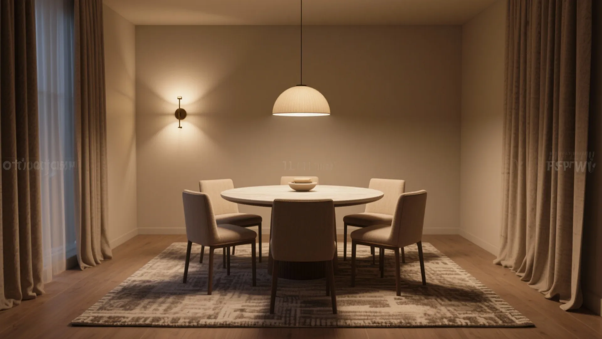 Round dining table with chairs on rug under ceiling light including wall light and long curtains