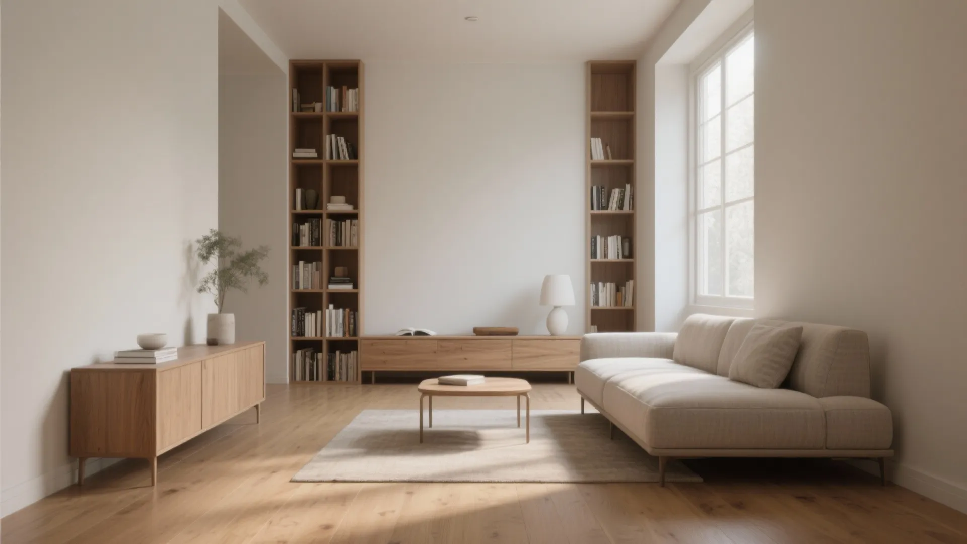 Minimalist living room with beige sofa wooden cabinet tall bookshelves large window and natural light