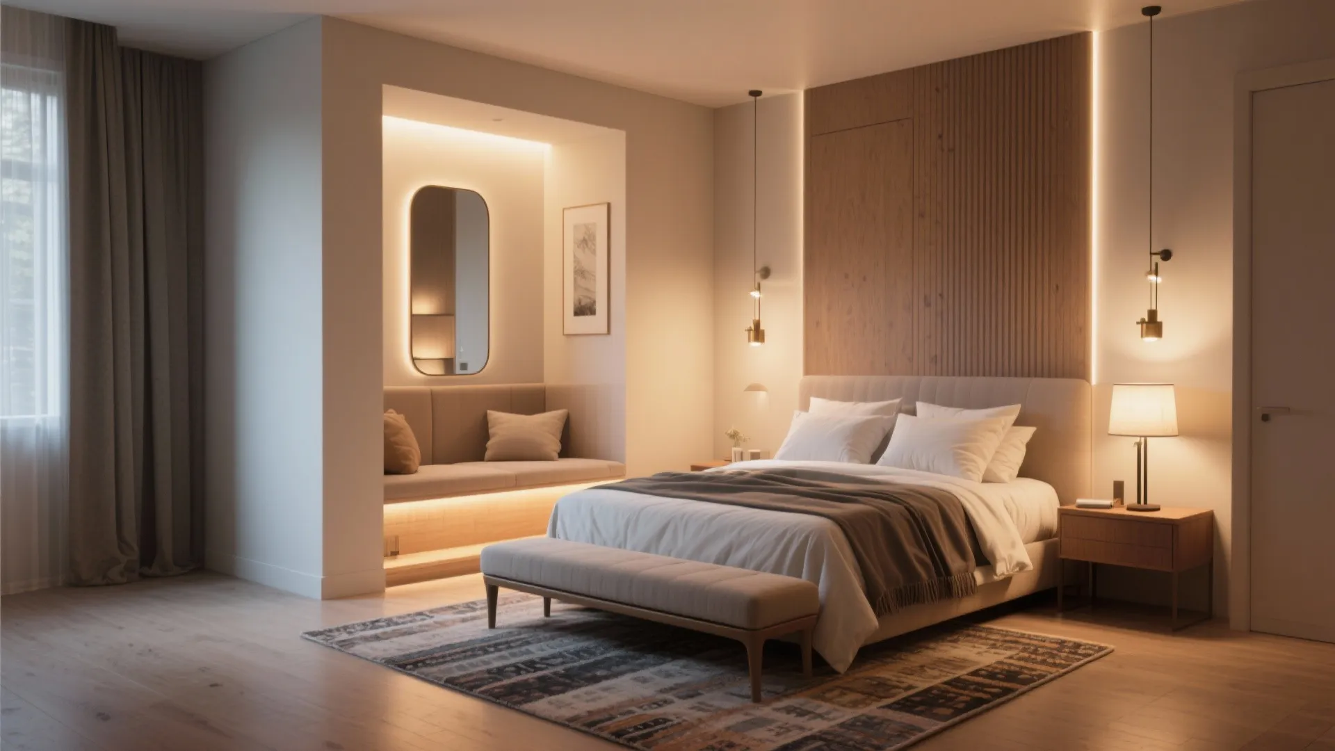 Small bedroom showing distinct zones with rugs, layered lighting, a bench at the foot and a separate sitting nook.