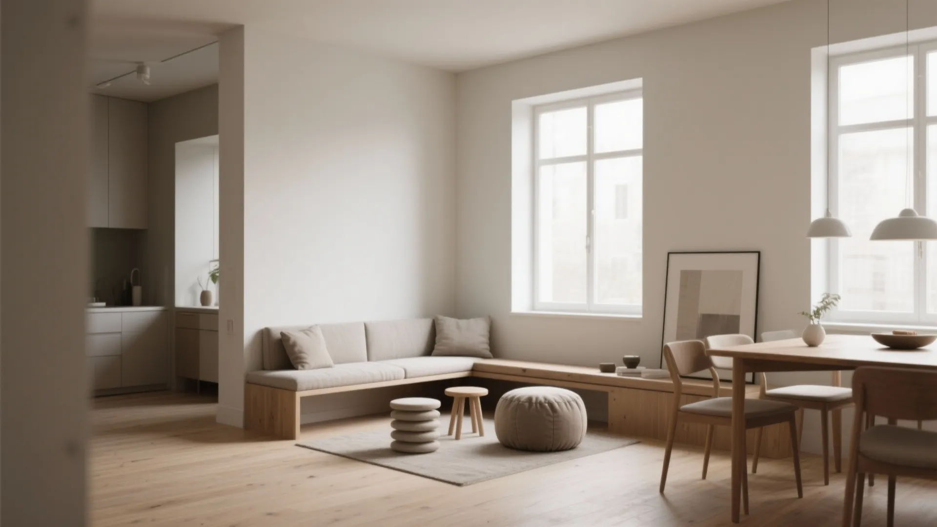 Modern open plan living room with wooden dining table chairs sofa footrest and natural light