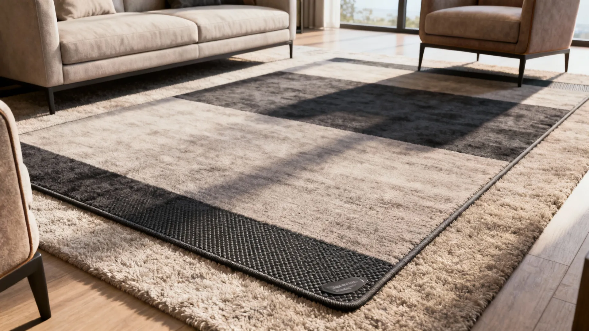 Seating area anchored by a contrasting low-pile rug layered over plush carpet with furniture partly on the rug