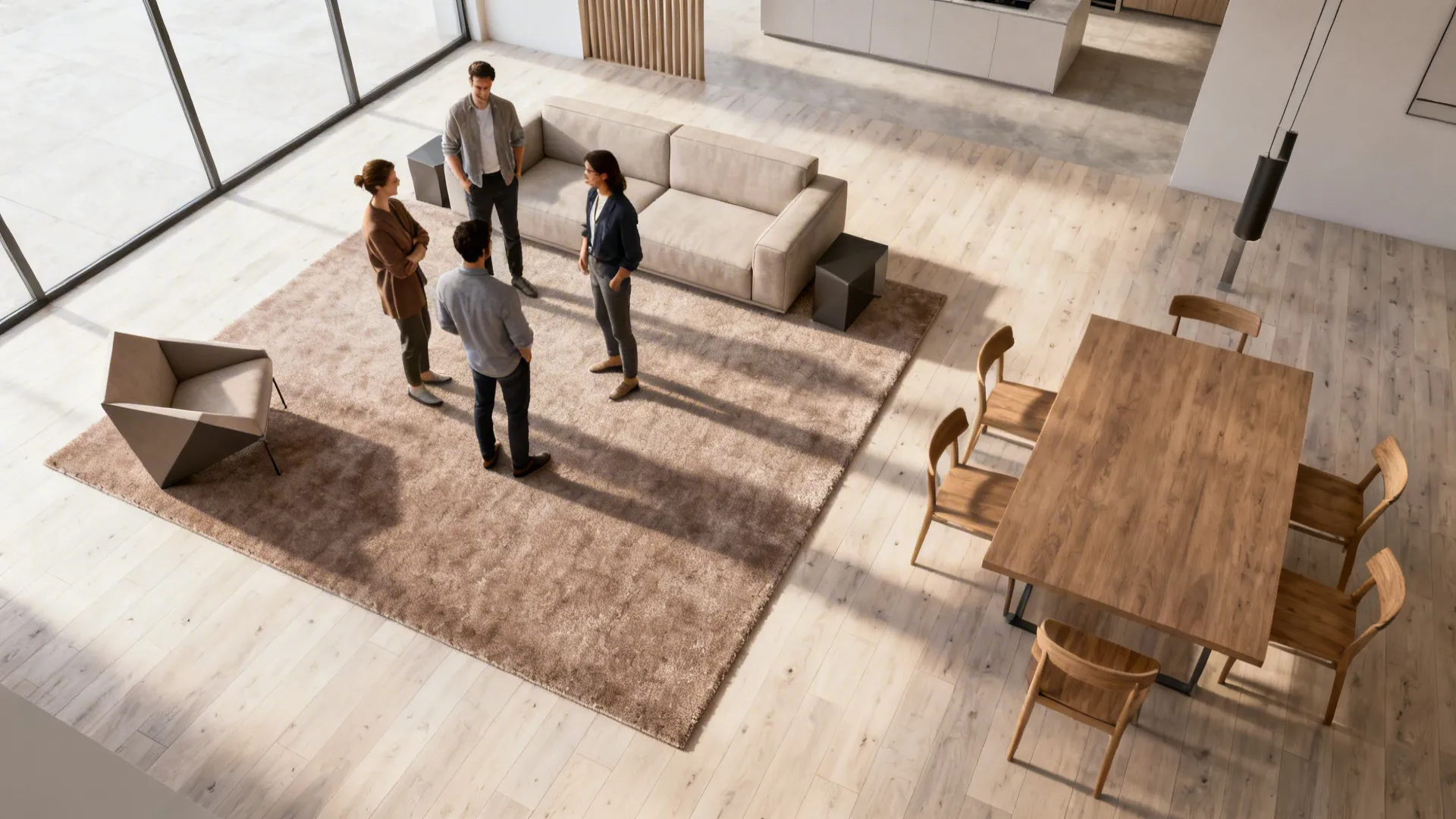 Open-plan living and dining area where a large rug defines the living zone against continuous flooring.