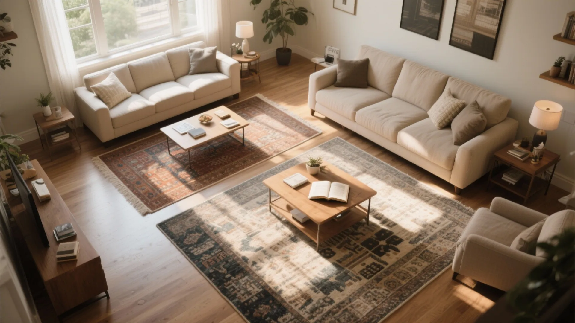 Top view of living room using two patterned rugs to separate different seating sofa areas