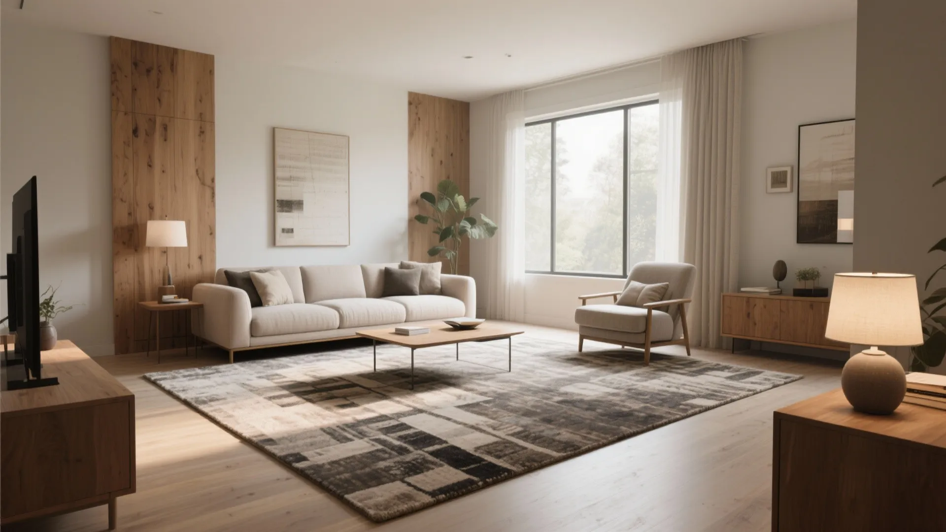 Modern living room featuring a large patterned rug defining the seating area with cream sofa