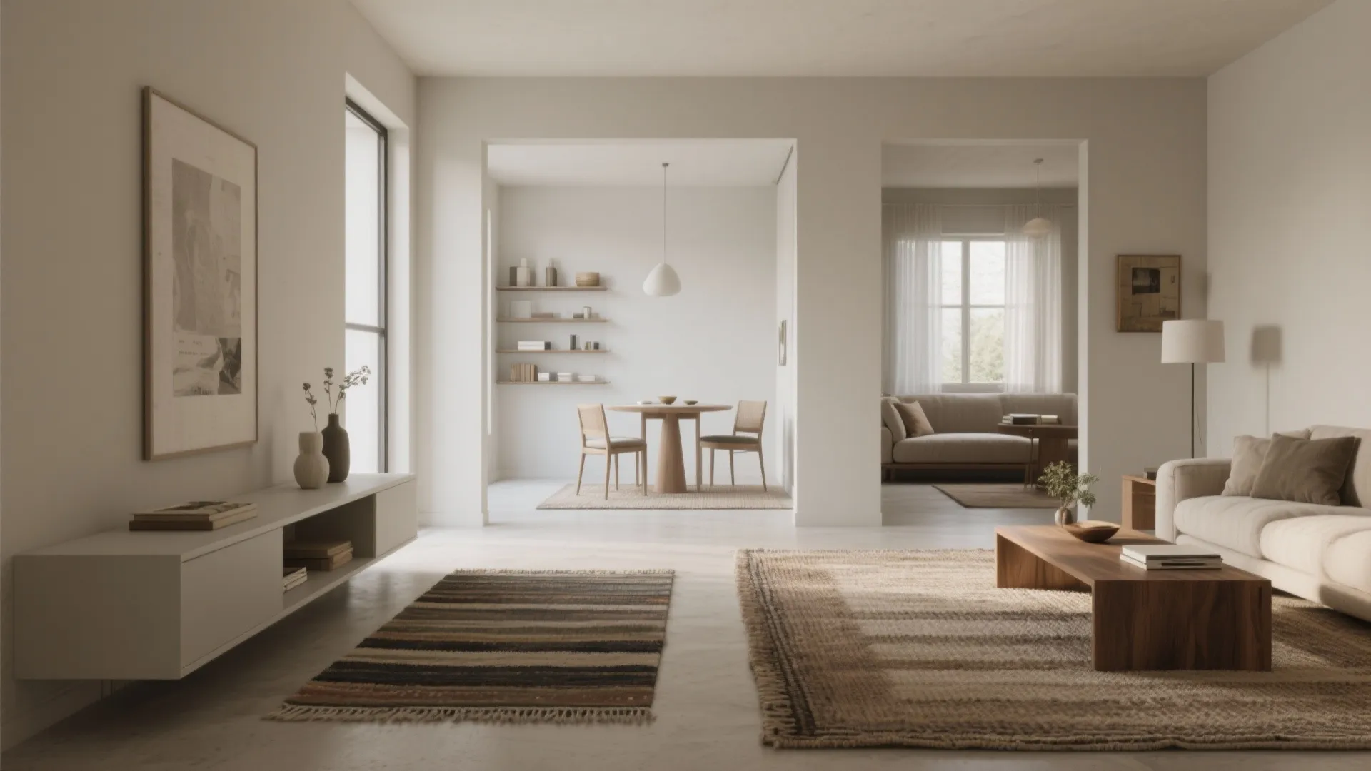 Minimalist living room featuring different floor rugs to define the seating and dining area zones