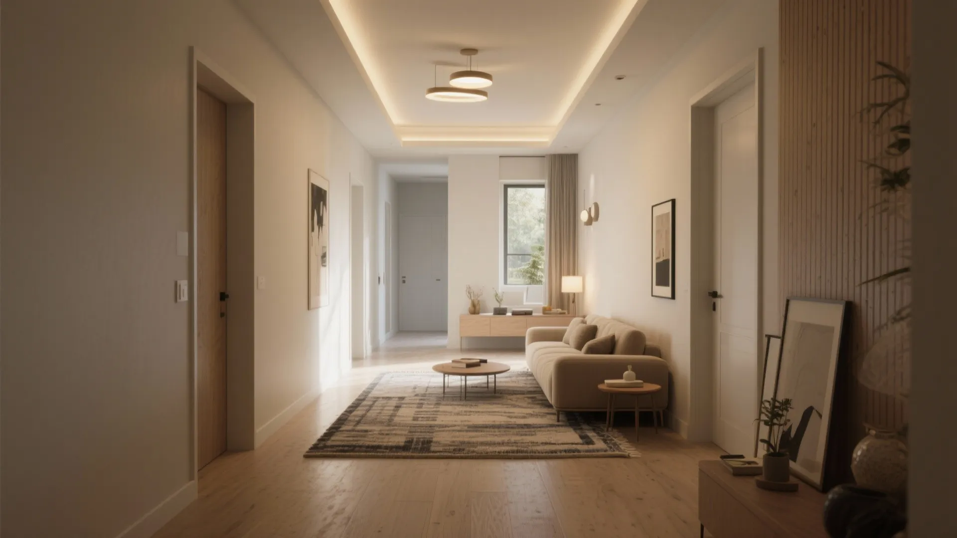 Modern living room featuring beige sofa patterned rug wooden floor ceiling light and wall panels