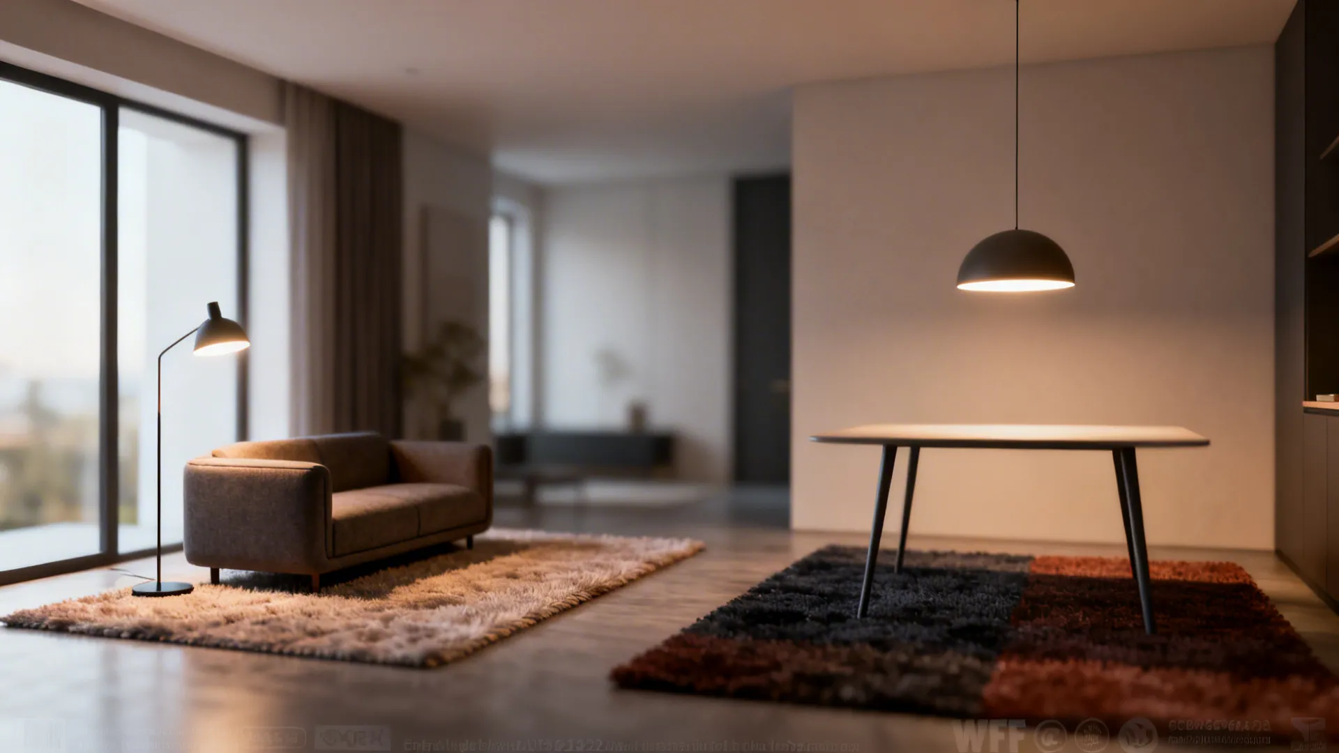 Sofa and dining table on separate rugs to define zones in a modern open room