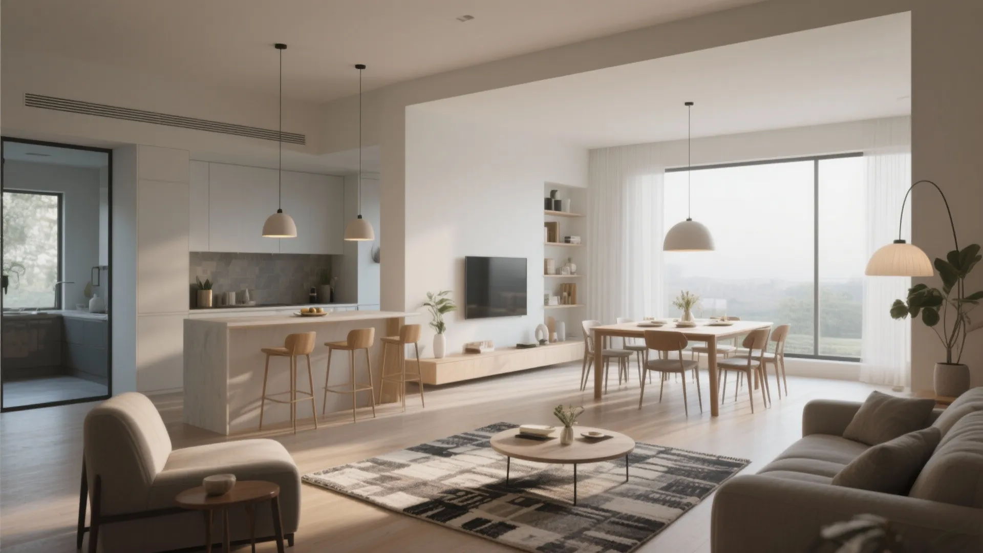 Modern open plan living room with kitchen island dining table sofa rug and large windows