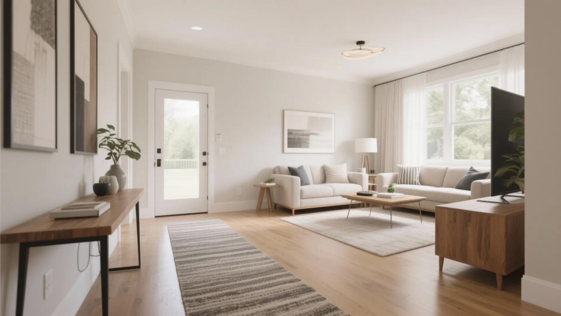 Bright living room with white sofas, wooden coffee table, large windows, and modern ceiling light