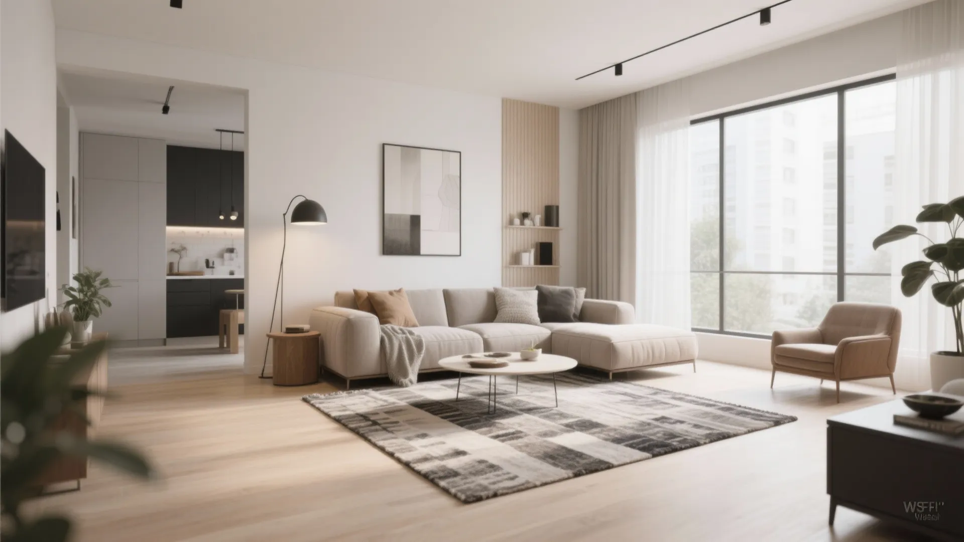 Modern open plan living room with grey sofa patterned rug floor lamp and black kitchen