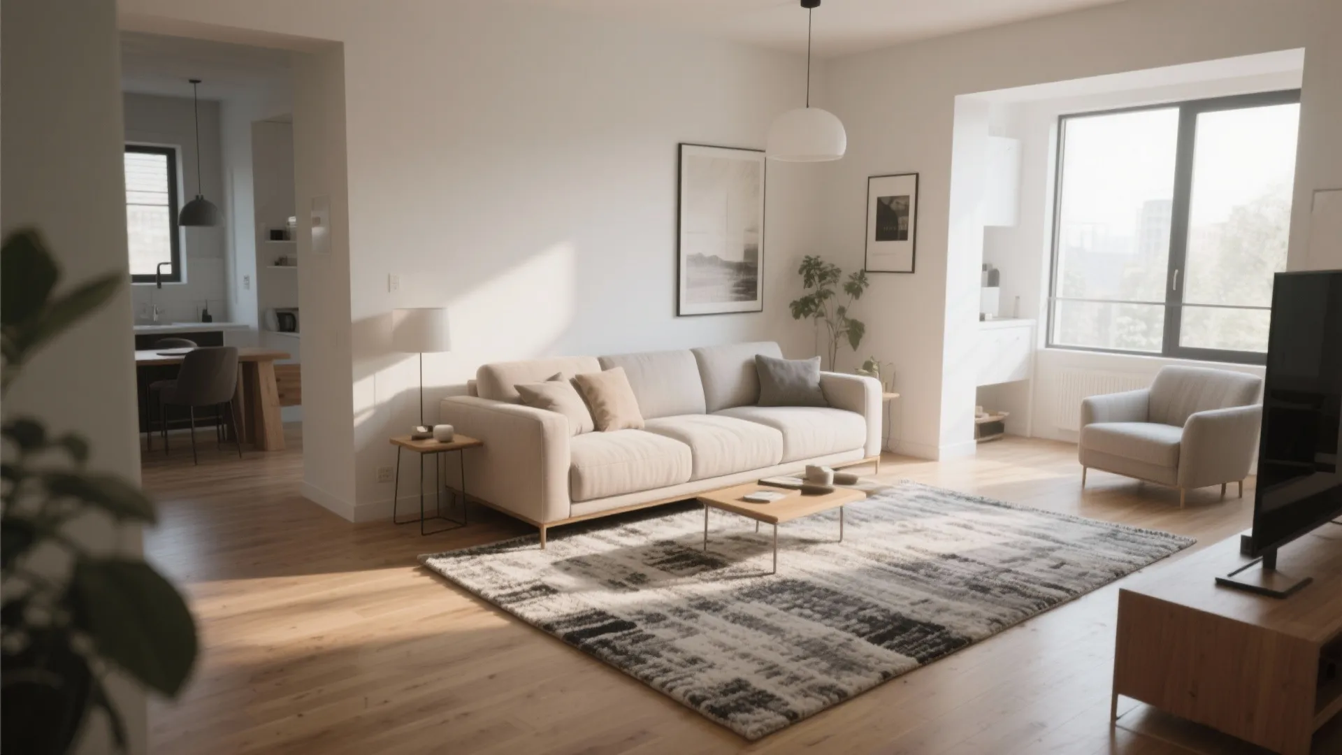 Area rug under sofa defining living zone in open plan