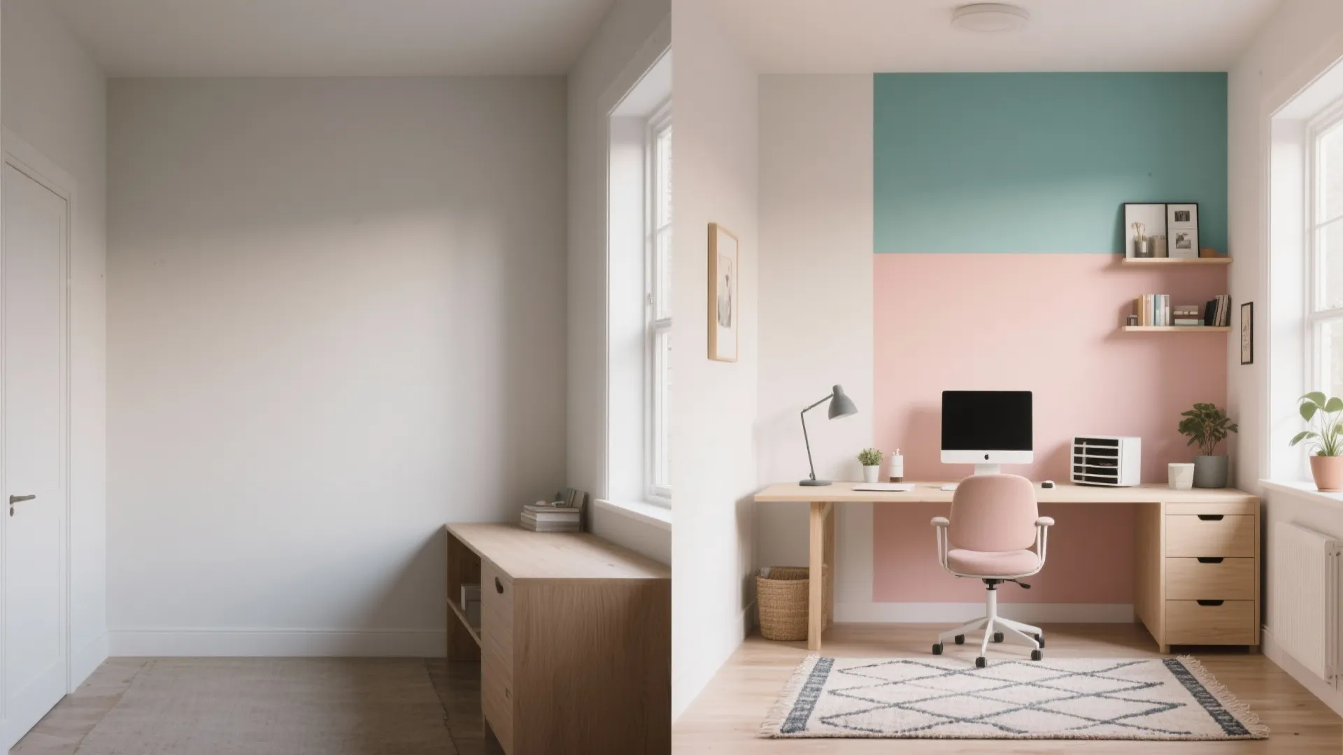 Before and after comparison of an empty corner transformed into a colorful organized home office