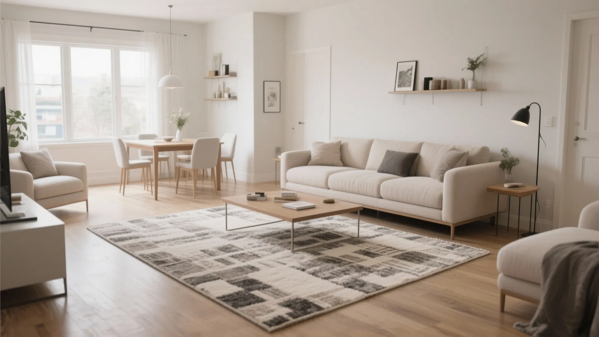 Open plan living area with a white sofa and a wooden dining table and chairs