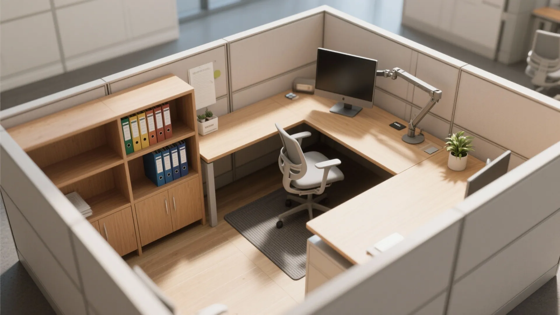 Office cubicle with wooden desk and cabinet plus grey chair and computer in organized room layout