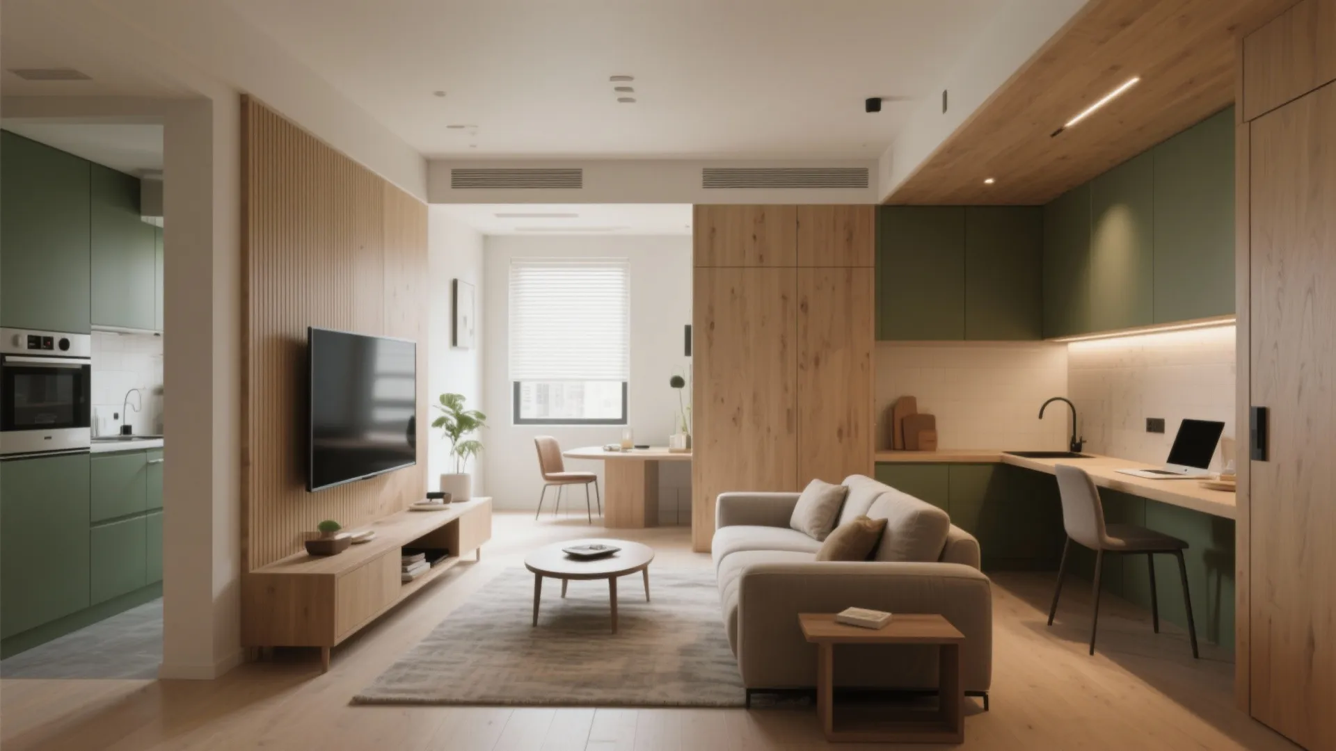 Open-plan compact living area with distinct conversation, media, and small work zones connected to the kitchen.