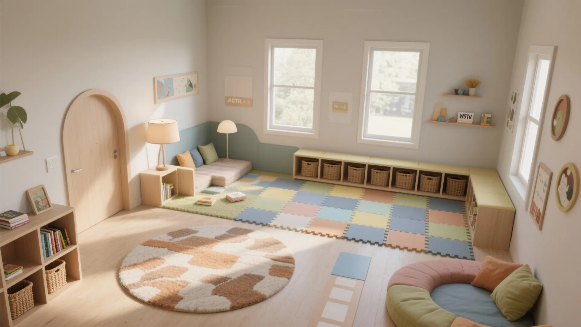 3. Defined Zones with Rugs and Low Shelving