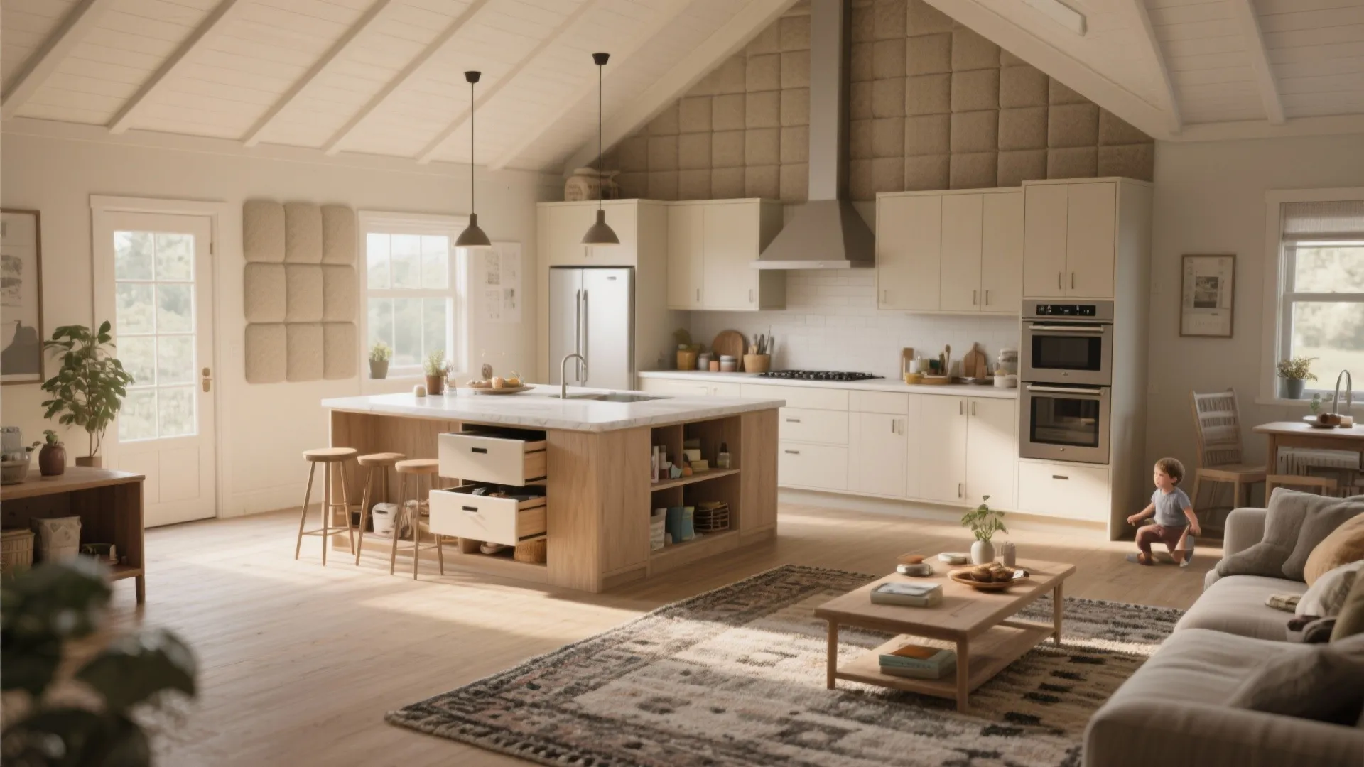 Bungalow kitchen and living area separated by a low island and rug with hidden storage