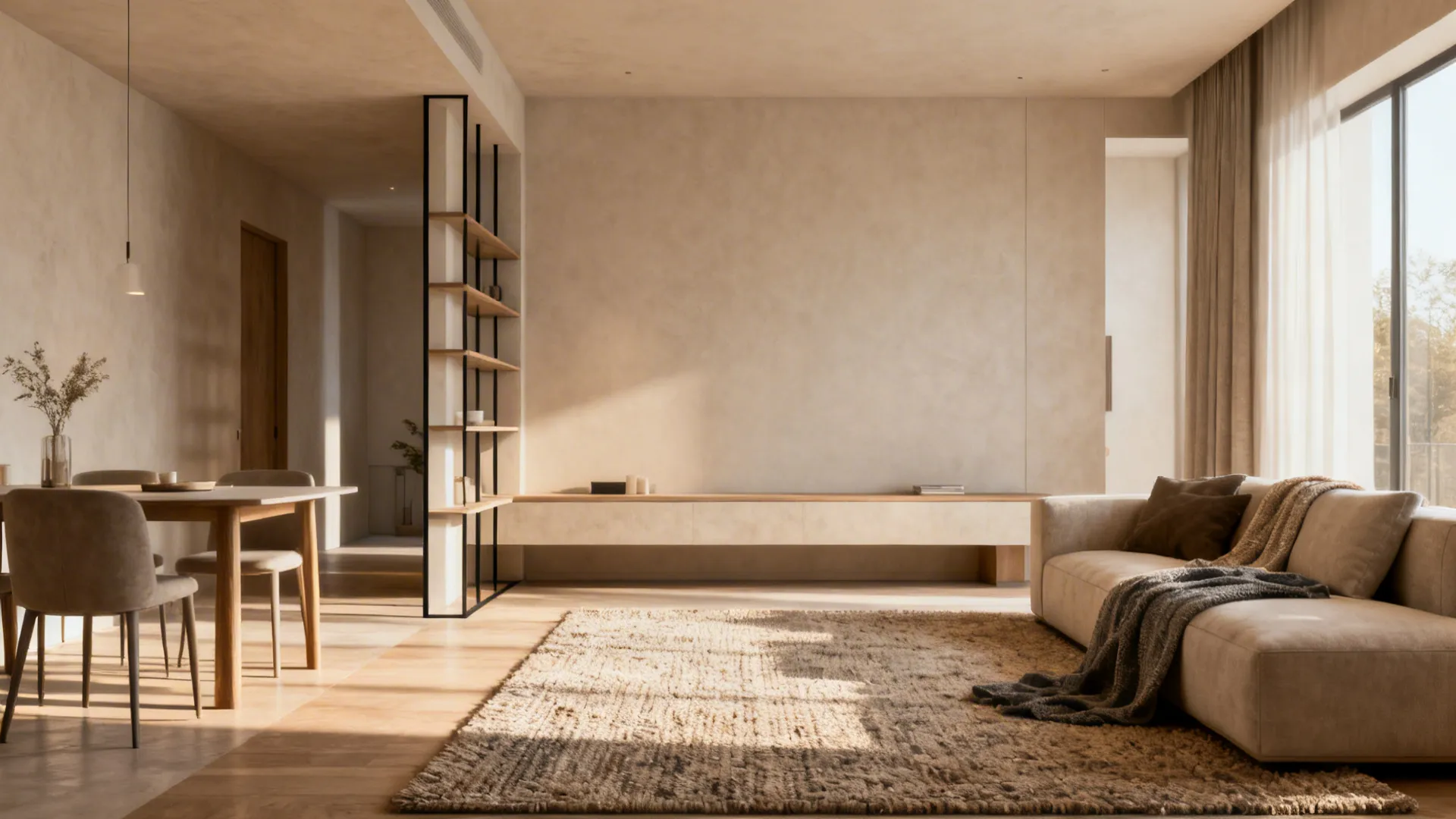 Rug-defined seating area with a low-profile console dividing living and dining zones in a small apartment.